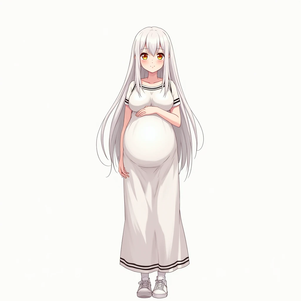 (Full body), An image of a pregnant girl with her belly on full display, she's wearing a white shirt and a blue skirt