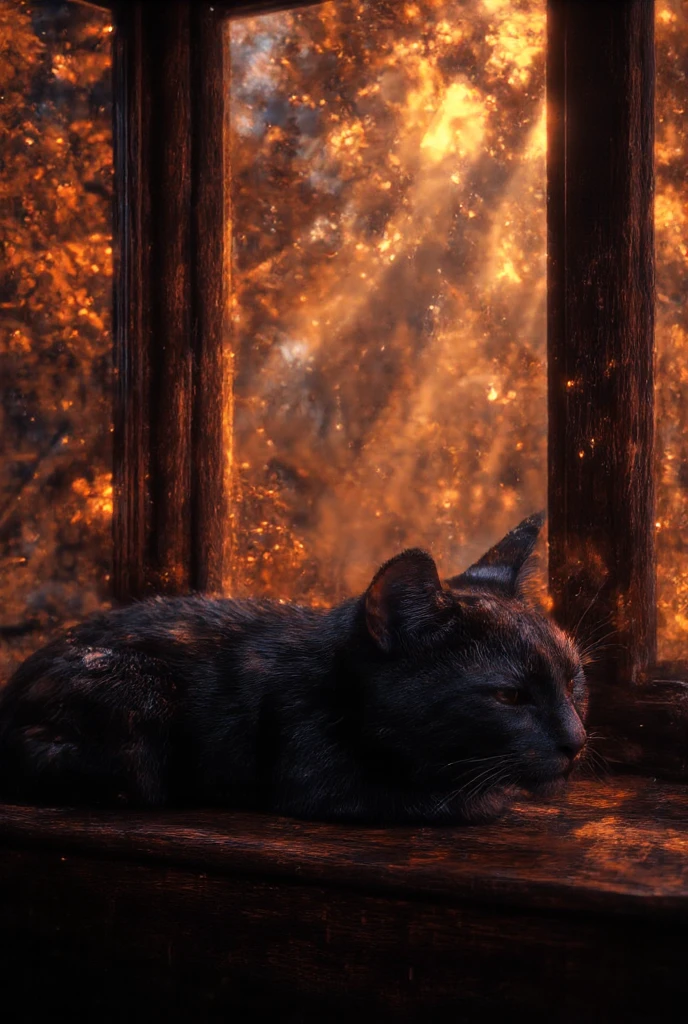  realistic、Live Action Photo 8K Quality 、 Artwork、 a black cat is sleeping in the bay window 、Outside the window is sunny and bright 、 the particles of light surrounding the black cat's body rise to the sky、 a scene where the black cat's soul leaves for heaven。