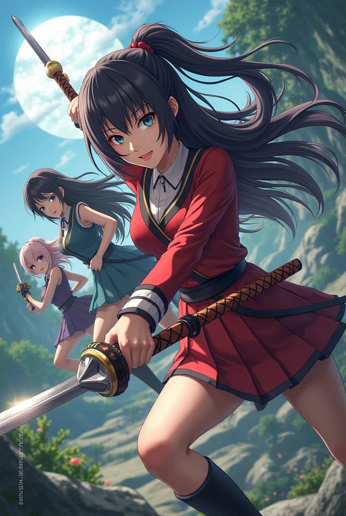(masterpiece, best quality), best resolution, (2heads:1.5), 1girl, black hair, green eyes, aggressive screaming, open mouth, pink samurai armor, holding a katana sword, action pose, japanese battlefield