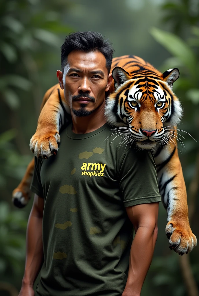 big head caricature style of an Indonesian man posing in a tropical forest, his body looks dashing, facing front, the pose of one of his legs is raised on a rock, accompanied by a tiger beside him, wearing a striped green army uniform, realistic