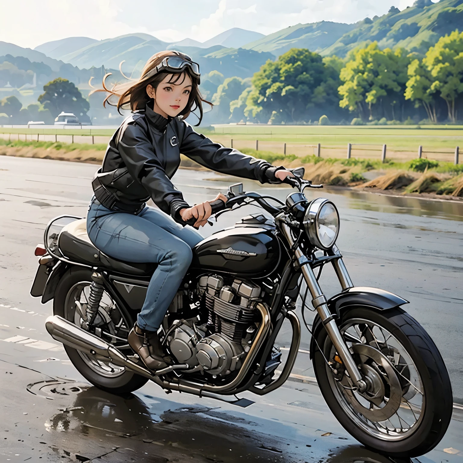 Vintage Bike、victory、Isle of Man Race、( A young female rider is sprinting on a motorcycle)、leather jumper、Cronwell Helmet、With goggles、 after rain、British countryside、