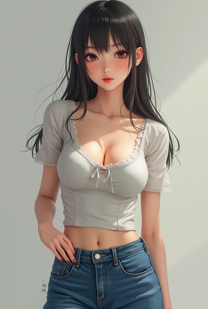 Philippine girl, wearing jersey, slim waist, medium chest, nipples poking through jersey, bubble butt, baggy jeans, straight black hair, strong jaw, black almond eyes, realistic, masterpiece