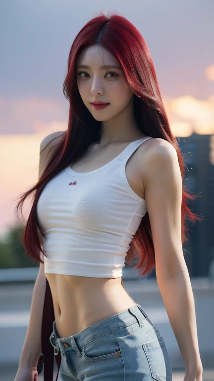 girl, masterpiece, Highest quality, Feet,Realistic perfect body、Best image quality、Realistic ultra-high quality、(Japanese women:1.2)、(Shapely breasts:1.5)、(Cleavage:1.2)、(White tank top:1.5)、(Belted hot pants:1.5)、(Blackknee High Boots:1.5),(Round face:1.5),(smile)、(Red hair、Inner Color:1.5)、(Wavy Hair:1.5)、Sparkling eyes, Beautiful Hands, Extremely elaborate hands, straight hands, Shiny skin