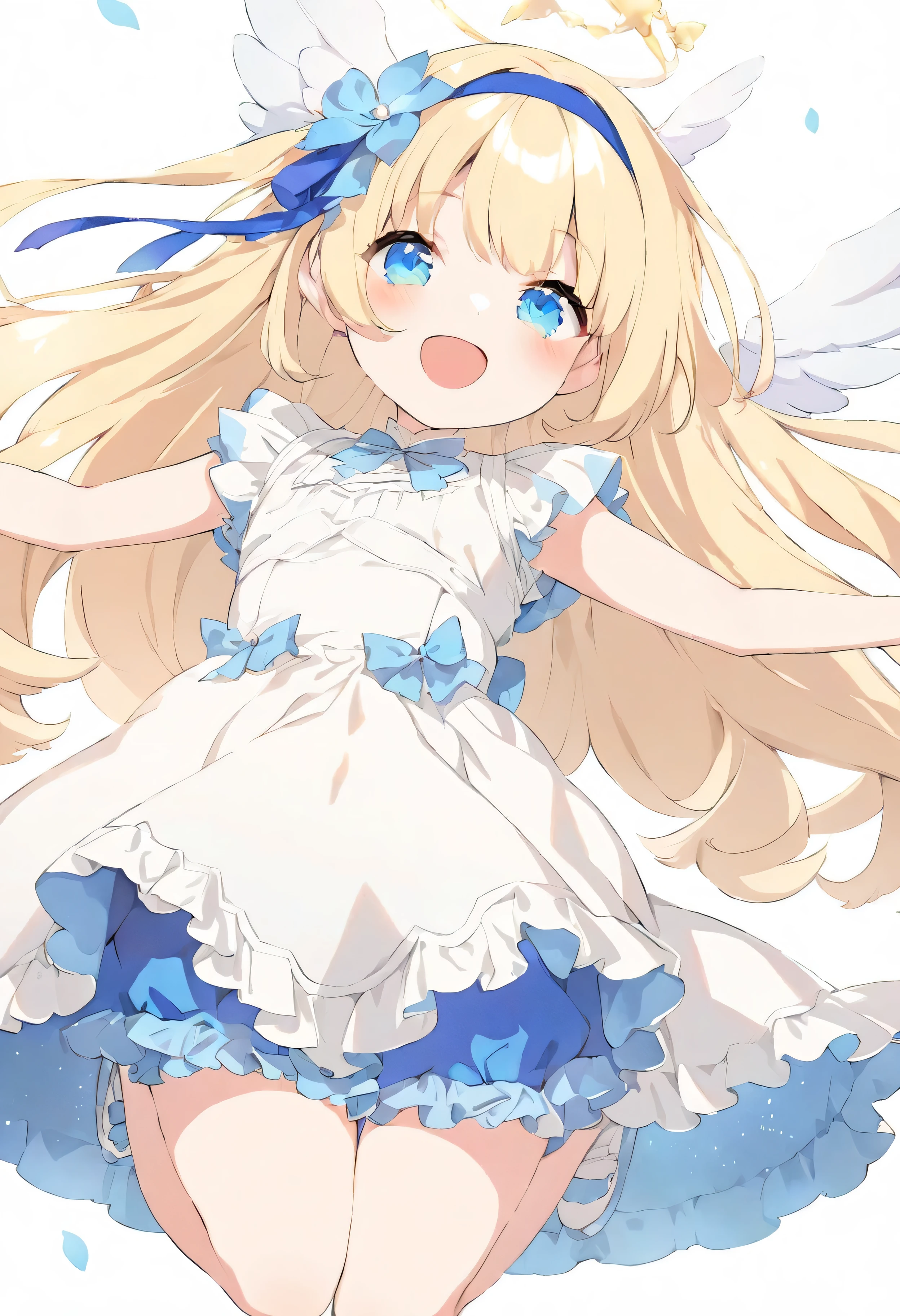 nsfw, (top-quality、masterpiece:1.2), (lovely), a angel girl, solo, in a short skirt and a white dress, large silver wings on your back , {beautiful Sapphire blue eyes :1.2}, small curvy loli, loli in dress, shining golden angel's ring above your head , blue hair band, blonde anime girl with long hair, visual novel sprite, girl, made with anime painter studio, anime stylized, floating in the sky, winking, open mouth, smiling, jumping, cowboy shot, full body, cute anime waifu in a nice dress, simple background, watercolor tone, Kyoto Animation Style