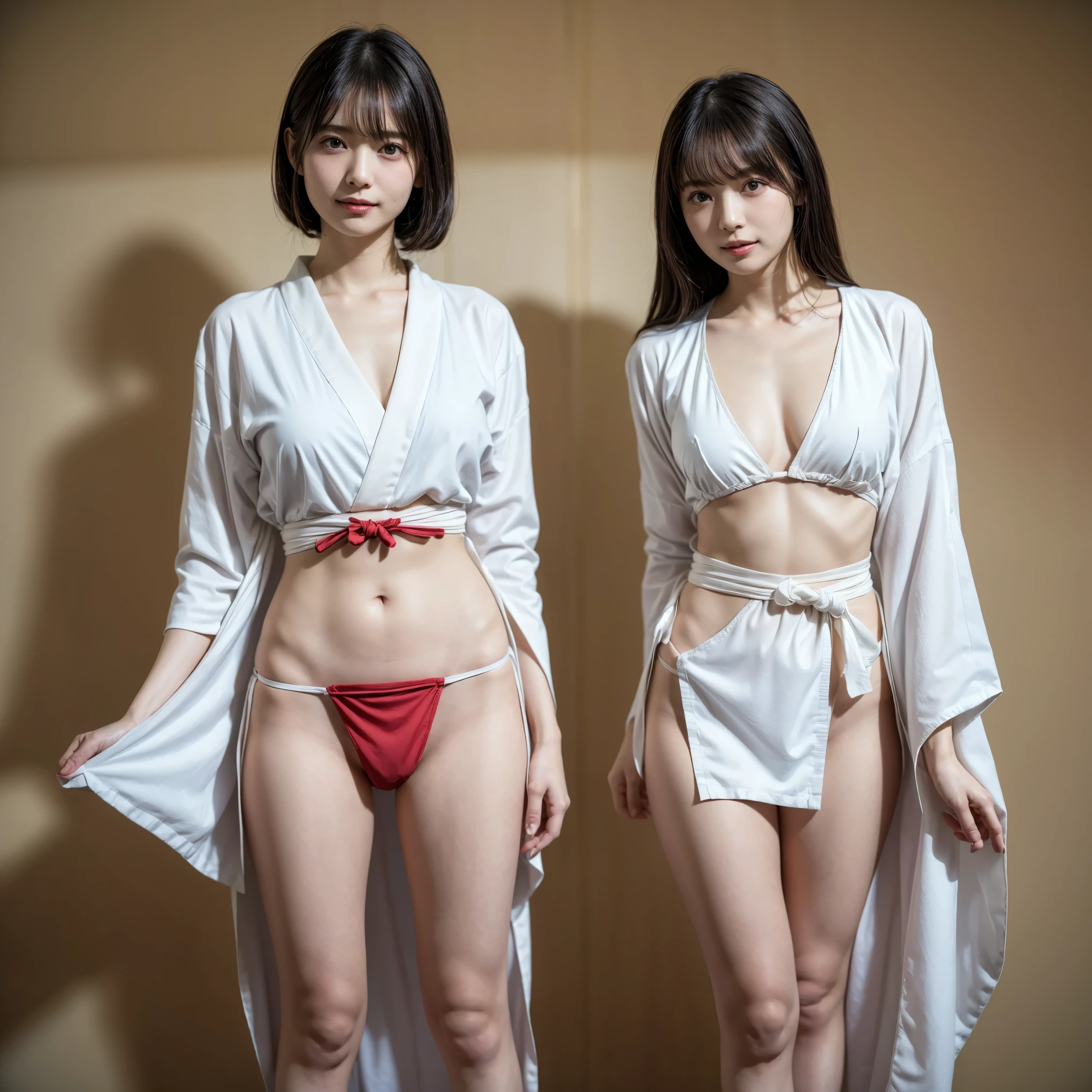 (White and vivid colors, back lighting), (sexy Japanese Tiny idol), ((face variations)), portrayed in the best quality and high resolution. The image should be ultra-detailed, realistic, and photorealistic with a touch of rawness. The lighting should be emphasized to bring out the details of the face. The medium can be a combination of photography and concept art. The color tone should be vibrant and vivid, enhancing the overall visual impact, { ((Detail of blood stained delicate crotch)) | Menstrual blood overflowing from the crotch } . Whole Body proportions and all limbs are anatomically accurate .
