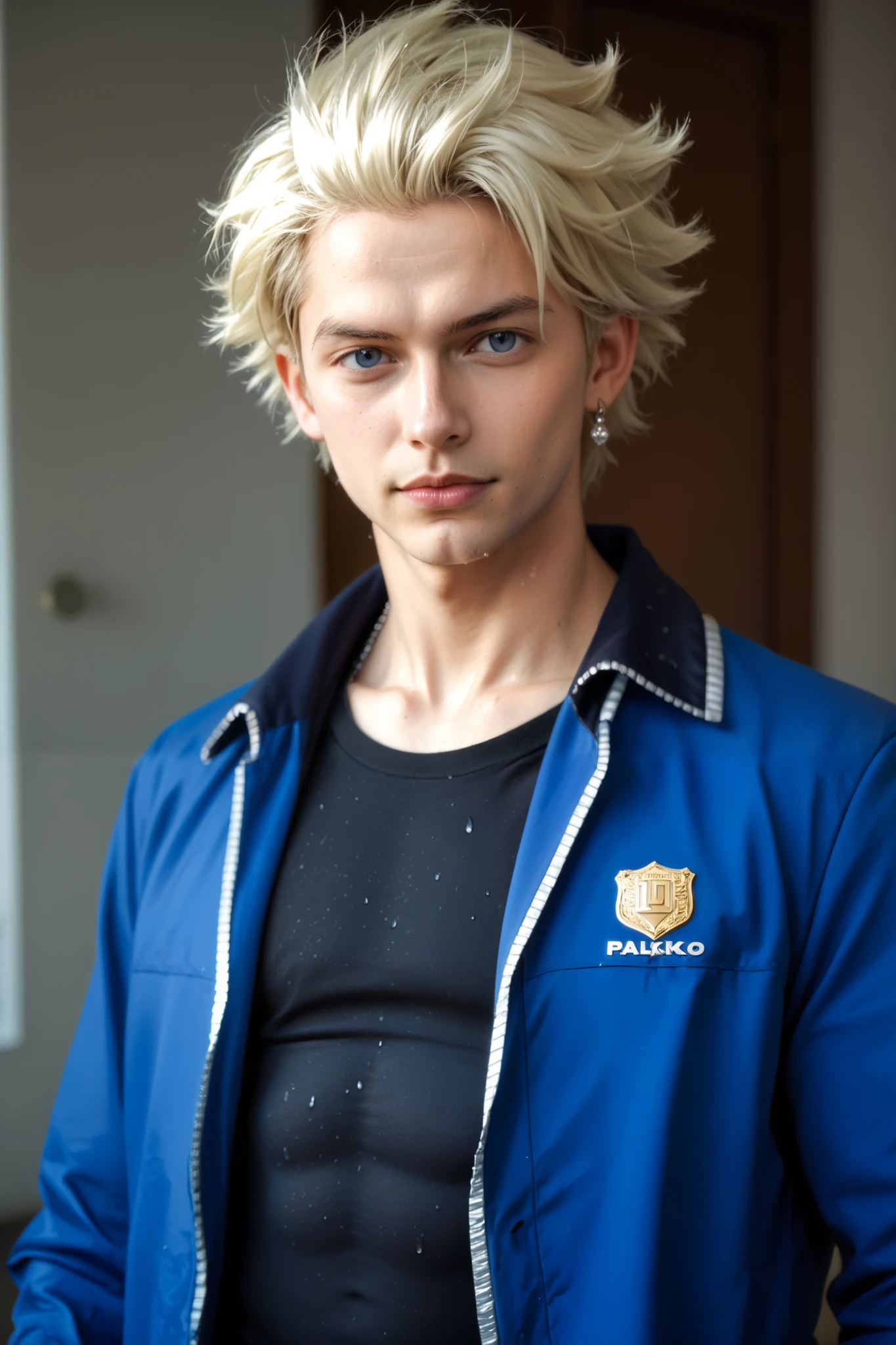 (best quality), 1boy, male, tanned skin, blonde hair, short hair, side bangs, beautiful hairstyle, blue eyes, perfect eyes, white cropped cardigan, blue shirt, skinny jeans, choker, femboy, slender, handsome, attractive, skinny body, masterpiece, anatomically correct, highres