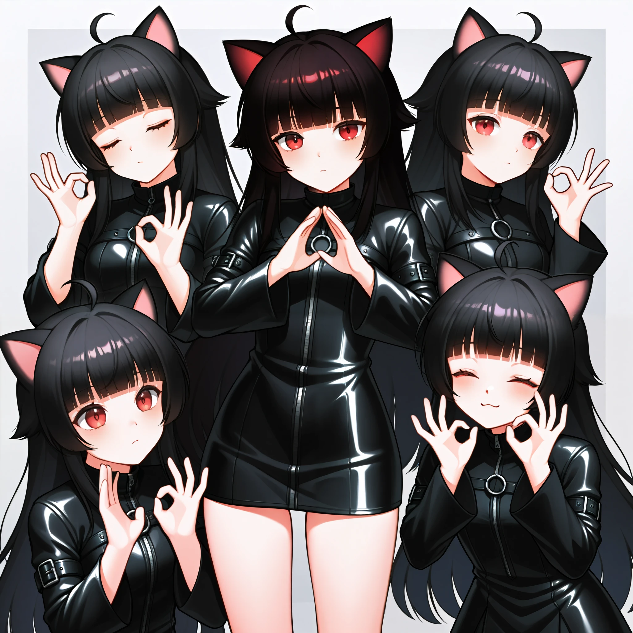 score_9, score_8_above, score_7_above, PachaMeme, hands above, ok sign, Eyes Closed, junkotvvxl, ((cat ears, red eyes)) ((One multicolorido black hair, (Ahoge), straight bangs,)),, dressed in leather trim , short dress , separate sleeves,