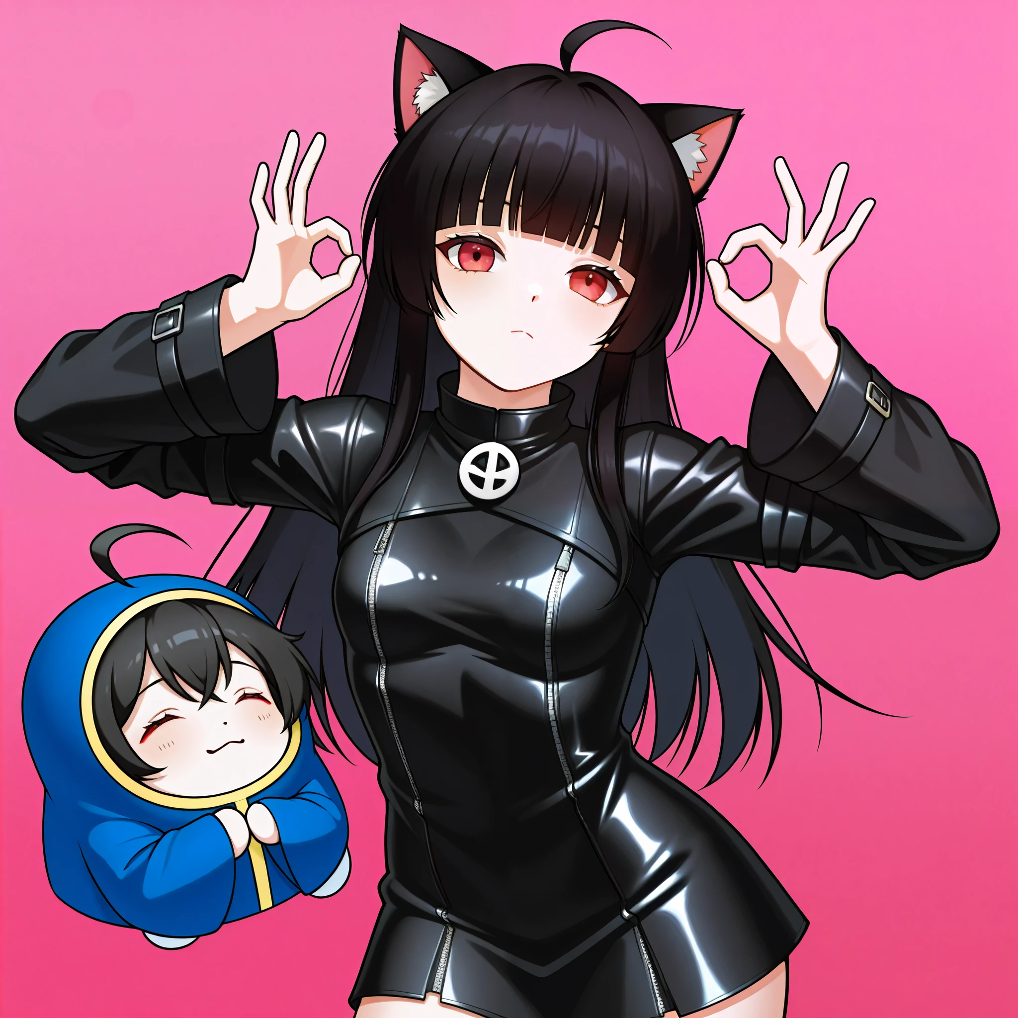  score_9,  score_8_above,  score_7_above, PachaMeme, hands above, ok sign,  Eyes Closed, junkotvvxl, ((cat ears, red eyes)) ((One multicolorido black hair, (Ahoge), straight bangs,)),,  dressed in leather trim ,  short dress ,  separate sleeves, 