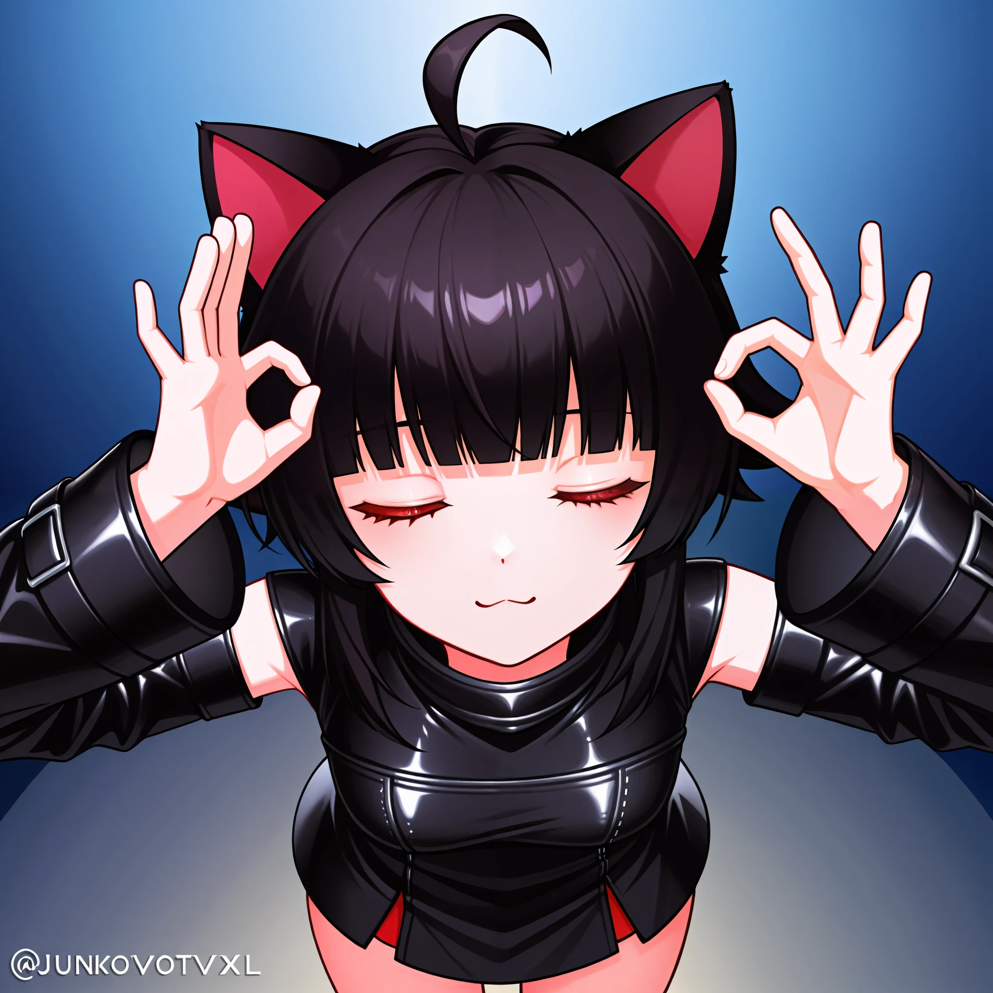 score_9, score_8_above, score_7_above, PachaMeme, hands above, ok sign, Eyes Closed, junkotvvxl, ((cat ears, red eyes)) ((One multicolorido black hair, (Ahoge), straight bangs,)),, dressed in leather trim , short dress , separate sleeves,