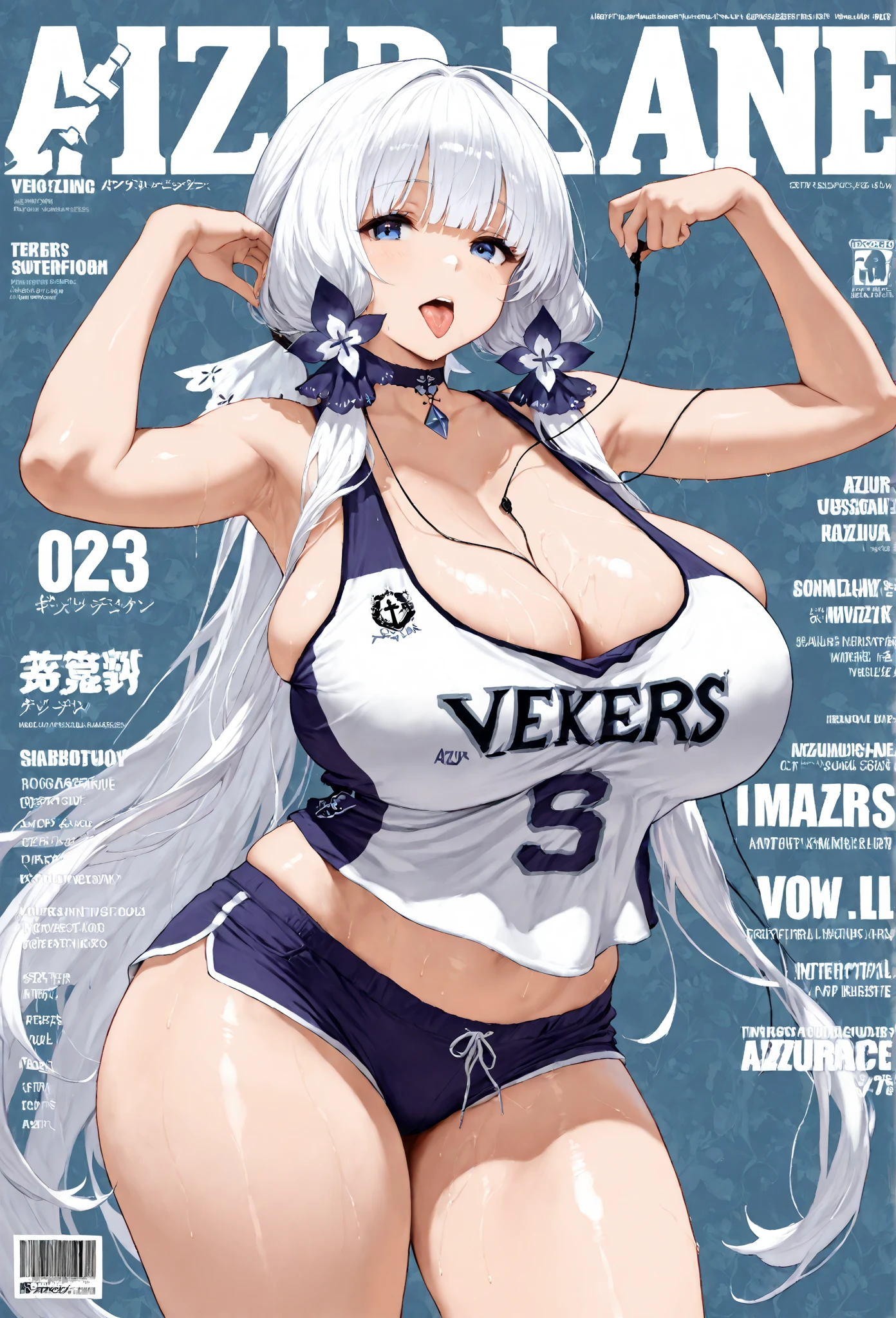 Hentai、High resolution、Adult magazine cover style、Noble smile、Focus on people、Big-breasted gal spreads her legs and makes a sex appeal at the beach、Perfect proportions、Cowboy Shot、Out of the ordinary, overwhelmingly huge breasts、Fatty legs、Erect nipples、Exposing pussy、Clear eyes、Sweaty