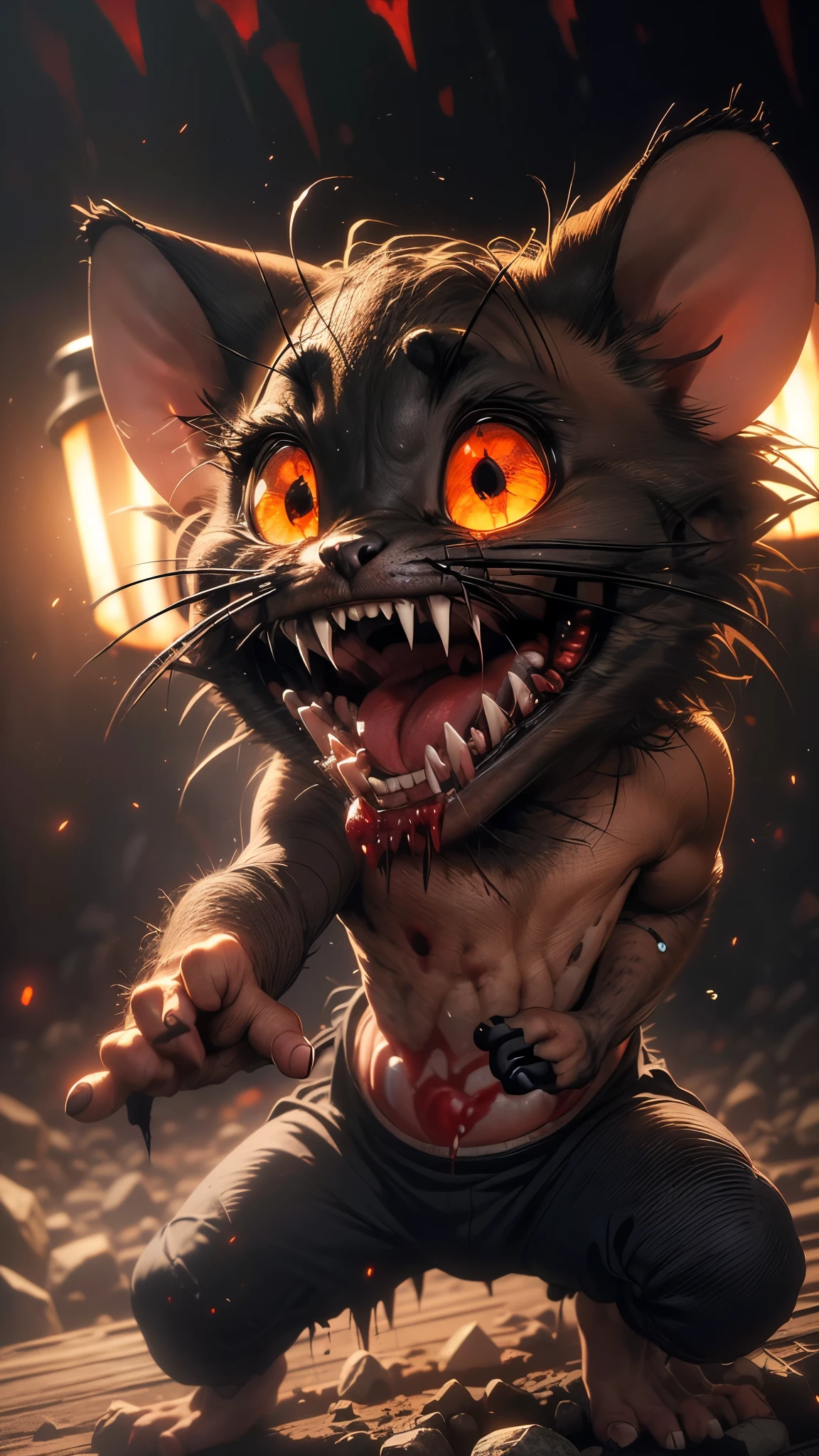 a little angry mouse with sharp teeth, blood stains, crazy eyes, (best quality,4k,8k,highres,masterpiece:1.2),ultra-detailed,(realistic,photorealistic,photo-realistic:1.37),dark lighting,dramatic lighting,horror,gritty,intense,sinister,ominous