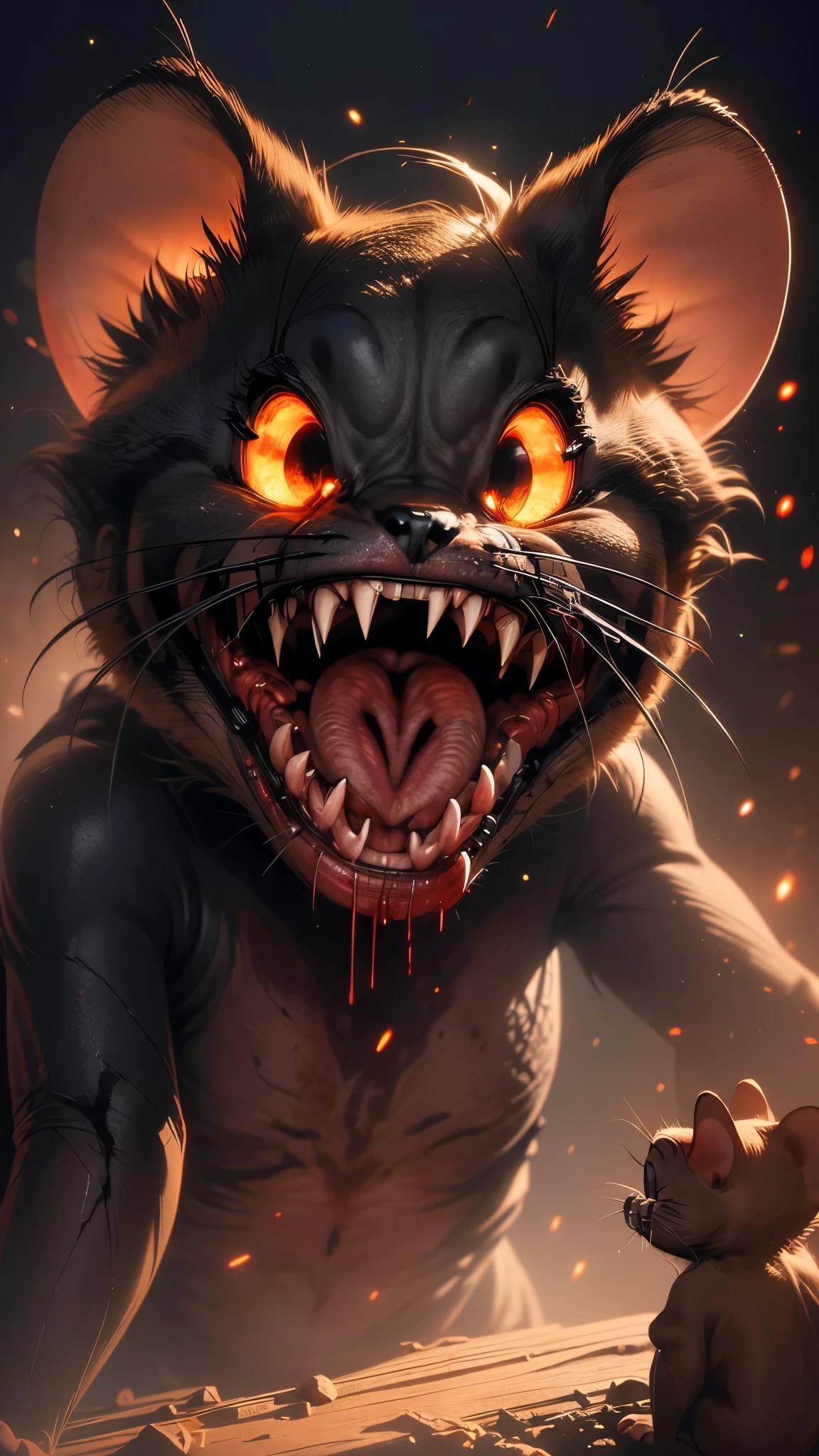 a little angry mouse with sharp teeth, blood stains, crazy eyes, (best quality,4k,8k,highres,masterpiece:1.2),ultra-detailed,(realistic,photorealistic,photo-realistic:1.37),dark lighting,dramatic lighting,horror,gritty,intense,sinister,ominous