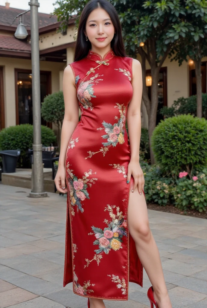 detailed, beautiful, cute, full body shot, scenic view, professional photo, <lora:Detail Slider V2 By Stable :0.4>
<lora:China Dress By Stable Yogi:1> maroon, long china dress, floral print