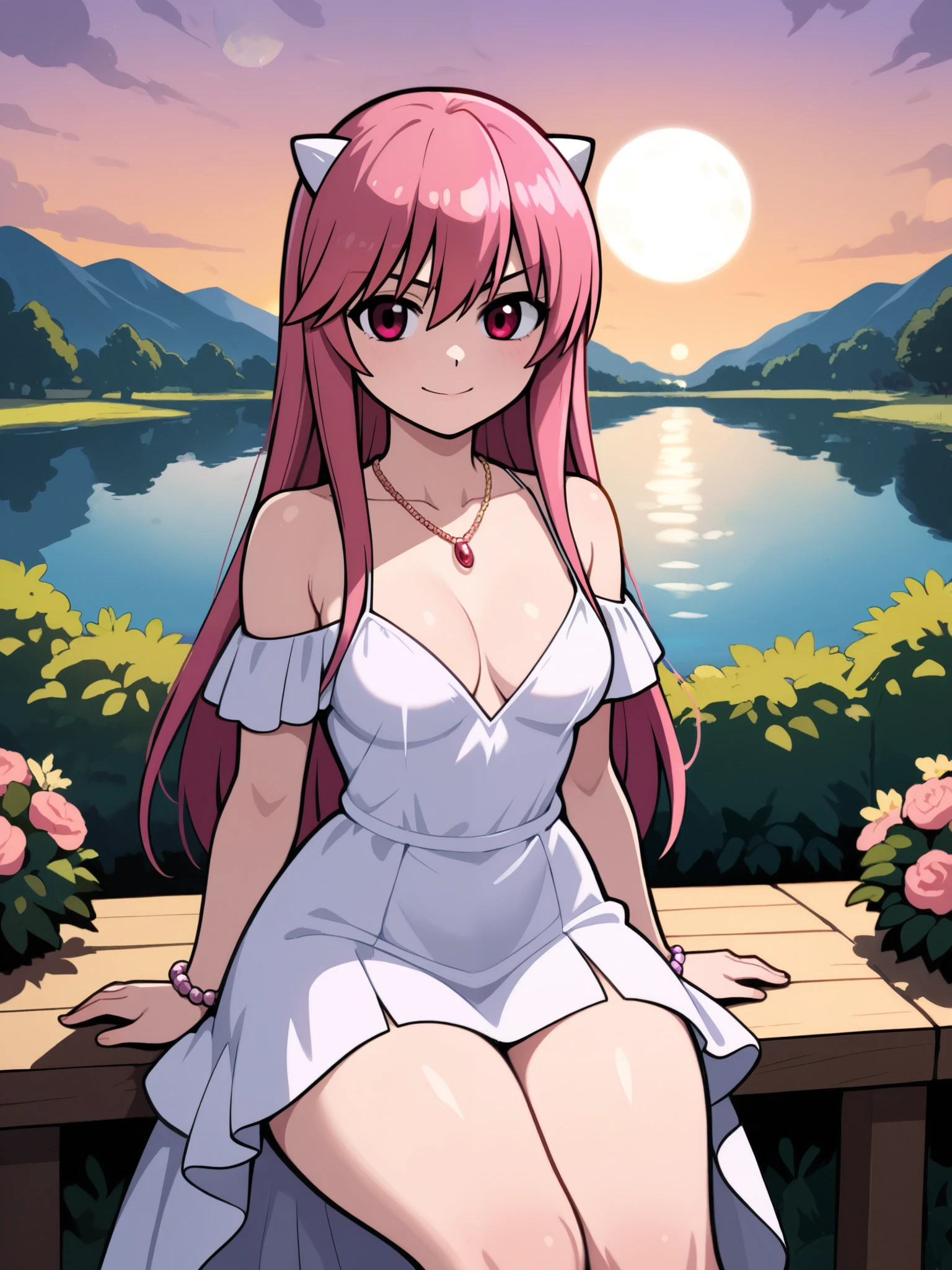  Lucy from Elfen Lied , Fuchsia hair, Ojos rojos,  medium breasts, slim,  thick thighs,  big butt,   white princess dress, corona,  small horns, neckline,  pretty necklace , showing shoulders,  look at the viewer ,  serious look,  Slight Smile, Evening, Moon reflected in the lake , garden,  hand resting on the porch . pretty bracelet , ultra quality,  comes out a lot of detail, pretty face,