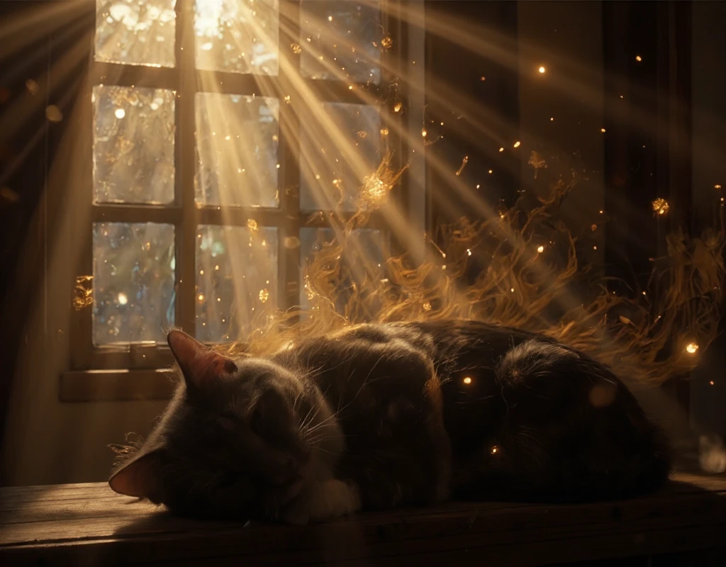 a black cat curled up sleeping on a windowsill, sunlight streaming through the window, the cat's body surrounded by a golden aura with particles of light ascending to the heavens, the cat's soul departing for the afterlife, realistic, 8K quality, artistic, photorealistic, dramatic lighting, cinematic, magical realism, ethereal, mystical, spiritual, serene, contemplative