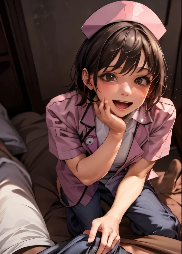 (Masterpiece:1.2, best quality ), ( realistic, photo realistic:1.4), character depth , ( natural side lighting , movie lights),
stares at viewers, (nurse, nurse帽) Perfect Face, cute and well-groomed face , Shiny Skin, heterosexual, couple, throw, One boy standing, ( large bulge on the pants:1.22), 1girl kneeling, (Handjob), smile, openly obscene , from above, ( open mouth ), squint