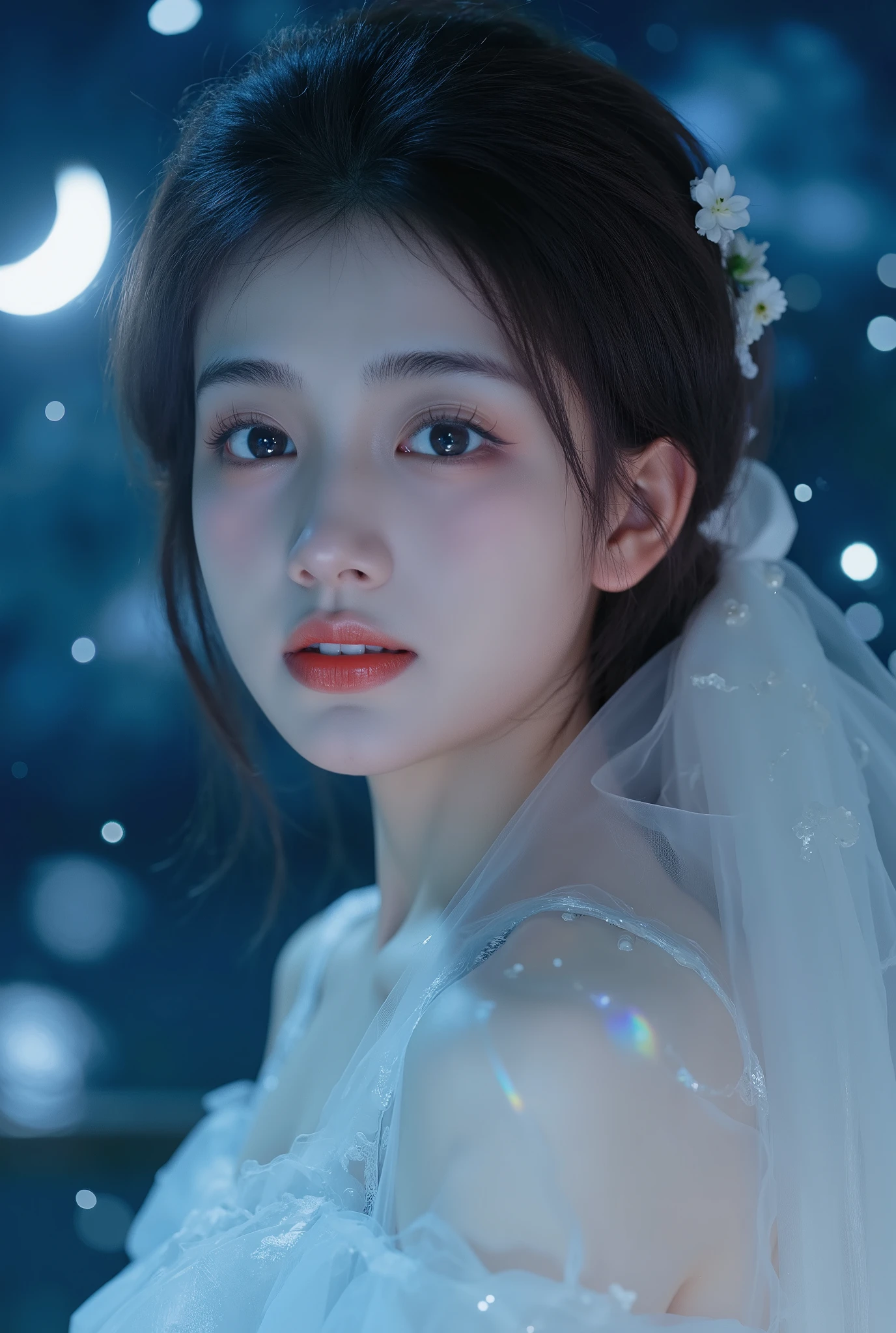 masterpiece, Amazing girl, cute girl, Break, High detail eyes, Perfect eyes, portrait, High detail face, Same eyes, glare, Rainbow Colors, Global Illumination, Soft Light, light of dreams, number, 8k Close-up, fantasy, Night Sky, Star, nebula, White crystal, moonlight, peaceful, summer, (8k:1.1)