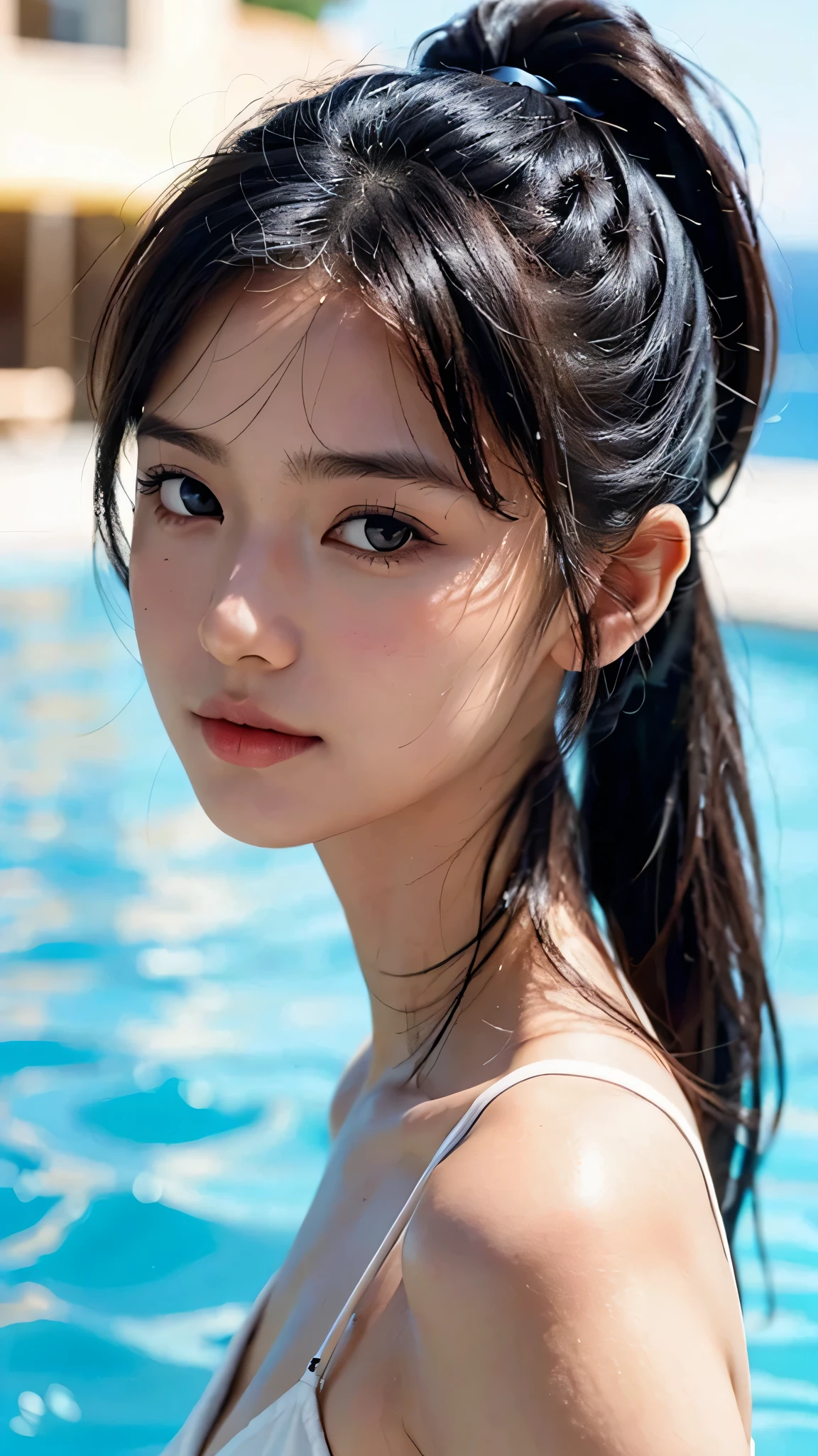((Best quality, 8k, Masterpiece :1.3)), 1girl, Pretty woman with emphasizing slender abs :1.3, (Dark brown hair, Ponytail, Huge breasts :1.2), Wet body:1.2, Pool, Ultra-detailed face, Detailed eyes, Double eyelid