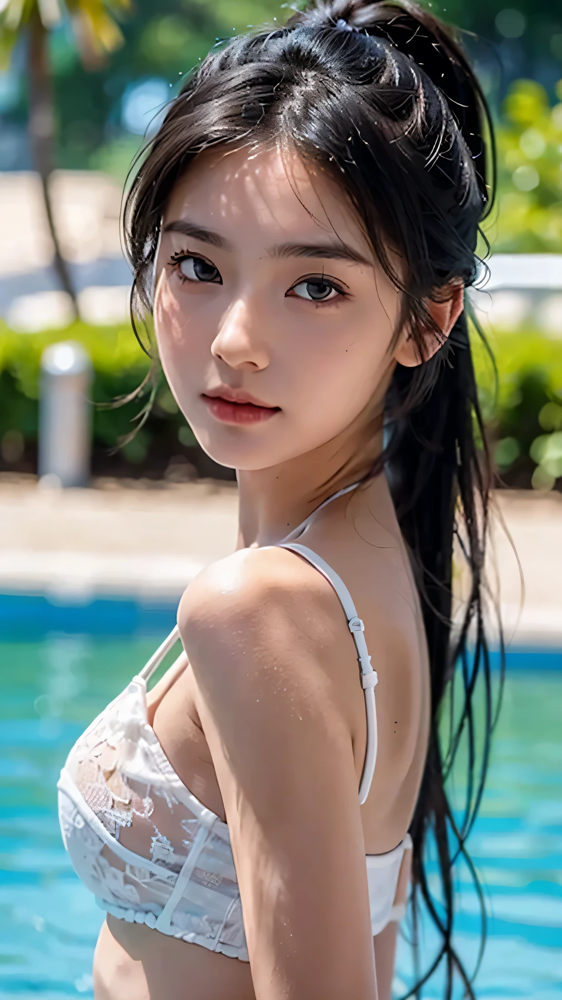 (Best quality, 8k, 32k, Masterpiece, UHD:1.2), NSFW, Big naked size 5 of a Korean girl, ahegao face, sweating, wet white tank top, no bra, outdoor, high noon, front lit, well-lit face, sexy pose