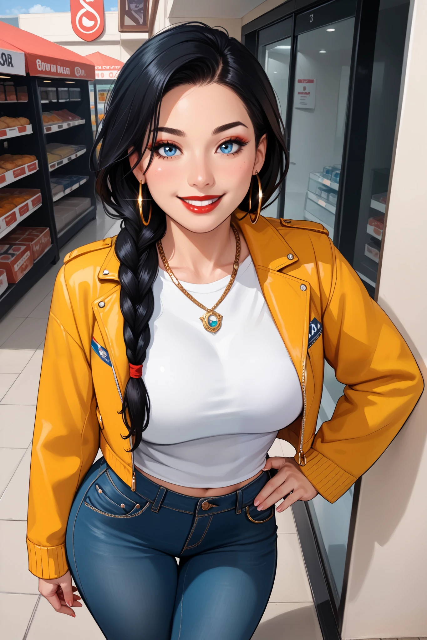 1girl, solo, long hair, black hair, written clothes, brown eyes, looking at the viewer, beanie, lips, upper body, closed mouth, detailed belly button, shirt, earrings, https://i.postimg.cc/tCDfNDvp/Screenshot-20230606-212445.png