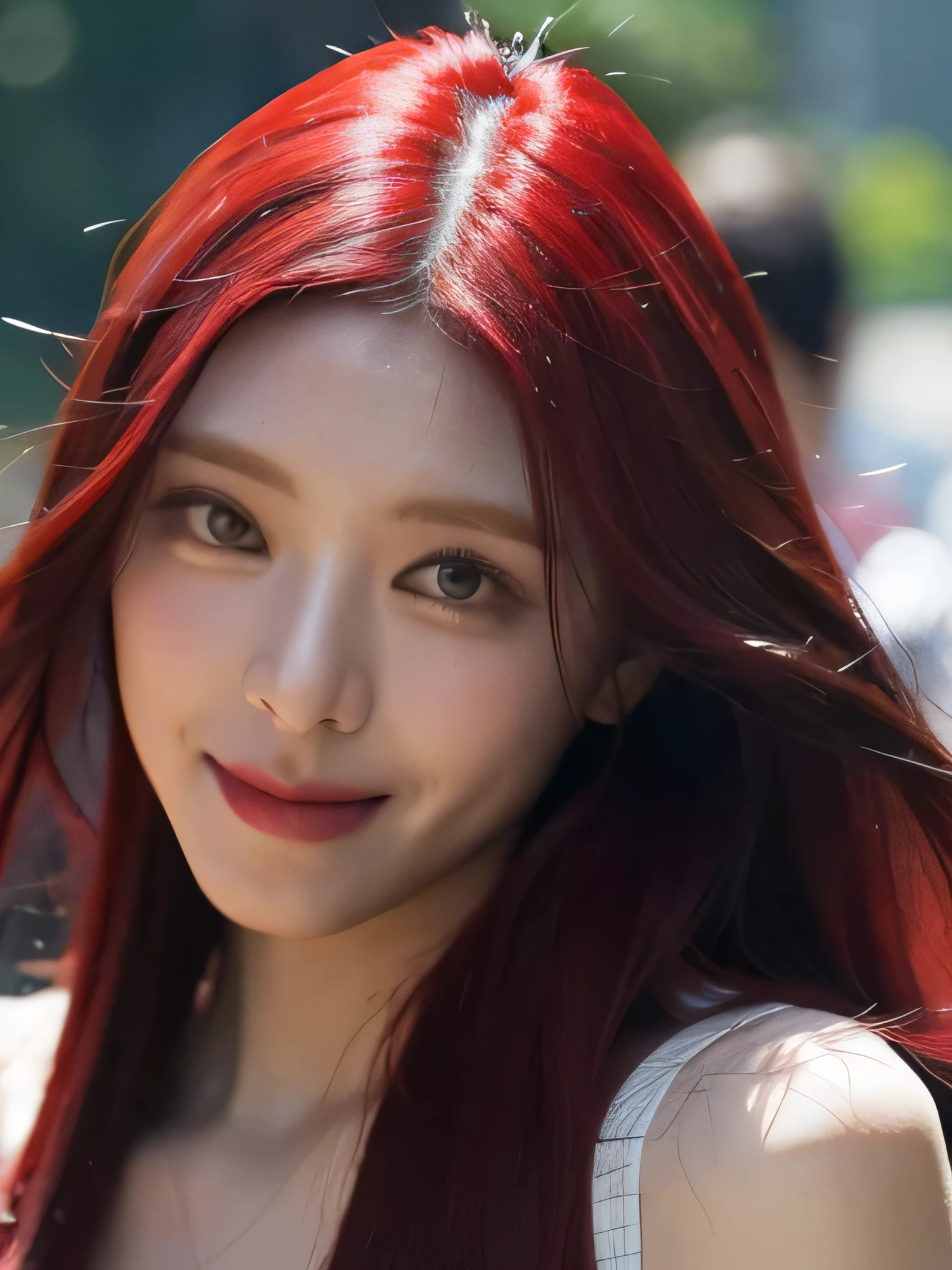 (masterpiece, best quality), super detailed, realistic, ((smile)), black eyes, body slim, long hair, hair color redhair, small breast, nude, white shoes, ((POV : looking at camera)), daylight, beautiful sky, many people in background, natural light, close up, slightly opened, very detailed skin, highly detailed face, ultra realistic, extremely detailed Unreal engine 5, 8k resolution,