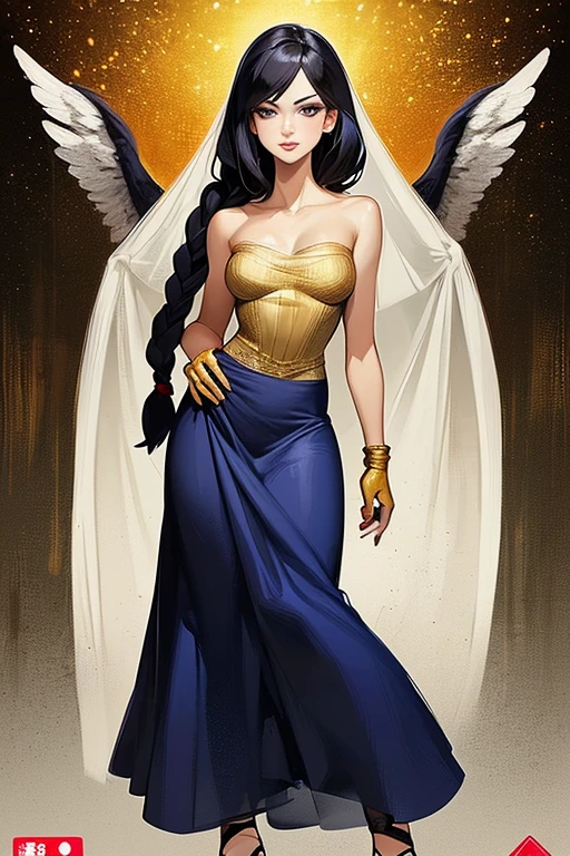 (best quality,8k:1.2,high resolution:1.2),ultra-detalhado,Realistic,vintage godess female,long black straight hair,rosto extremamente detalhado,long eyelashes,big white angel wings,soft blue and green dress with gold details,suntan pantyhose,metalic accessories,Physically-based rendering,sharp focus,white neutral background