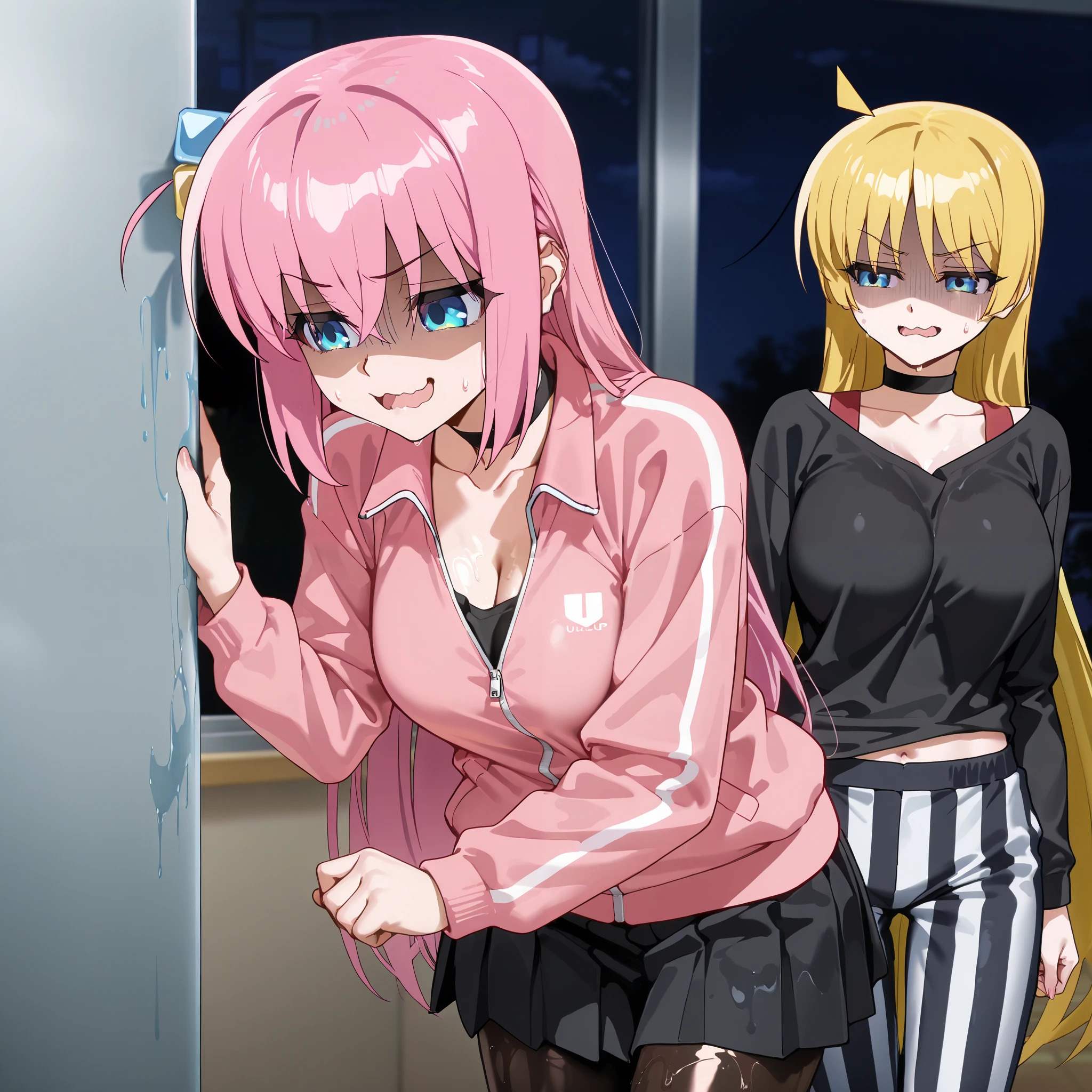  Kagami Hirotaka Art, Line drawing X style, face forward, in the classroom, night, (couple),(two females), ultra detailed ijichi seika, ahoge, yellow hair, defeated, black pantyhose, black shirt, vertical-striped pants, choker, collarbone, standing, cleavage, navel, long hair, blue eyes, hair ornament, hair between eyes, pink hair, one side up, cube hair ornament, parody, open mouth, sweatdrop, shaded face, wavy mouth, skirt, long sleeves, jacket, pleated skirt, pants, black skirt, track jacket, pink jacket,  massive wet skin, massive oiled skin, ultra detailed face, smug face, defeated, standing, add detail