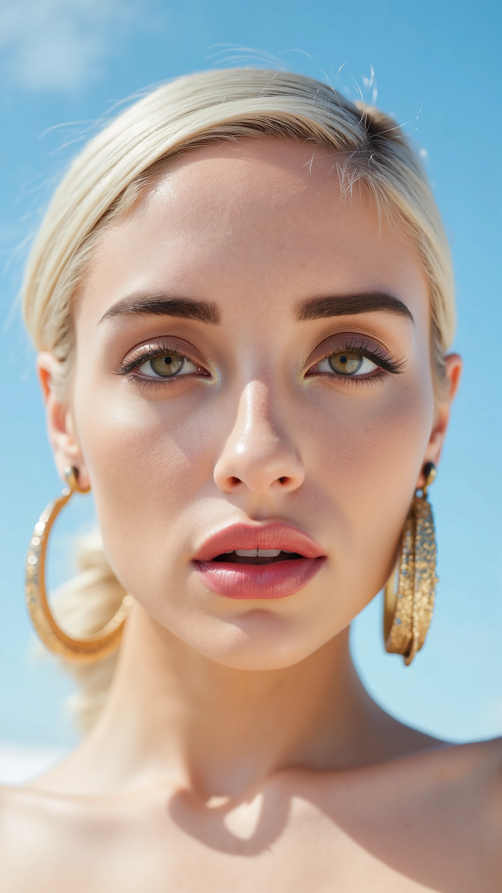 A hyper-detailed, avant-garde facing forward shot photograph featuring a striking woman with pale light skin against a clear, light blue sky. Her nude high-angle mid shot highlights the smooth texture of her flawless complexion. Shimmering metallic eyeshadow enhances the depth of her piercing gaze, while her glossy, deep red lips create a bold contrast to her skin. Large, intricately detailed golden hoop earrings reflect light, contributing to her modern allure. She is fully naked The reflective surfaces of her earrings and outfit create a dynamic interplay with the environment, emphasizing her sleek presence. The minimalist background allows the viewer to focus on her eye-catching fashion and makeup. Captured with a Sony A7R IV camera and a 50mm f/1.2 G Master lens for a beauty editorial shoot, this composition highlights her fashion-forward aesthetic. Inspired by avant-garde fashion photography from Sølve Sundsbø, this image blends contemporary fashion and minimalist elegance, embodying mythp0rt and niji_flux styles for a sleek, high-fashion vision. ((glow_skin, iridescent skin, oily skin, portrait)). ((no logo))