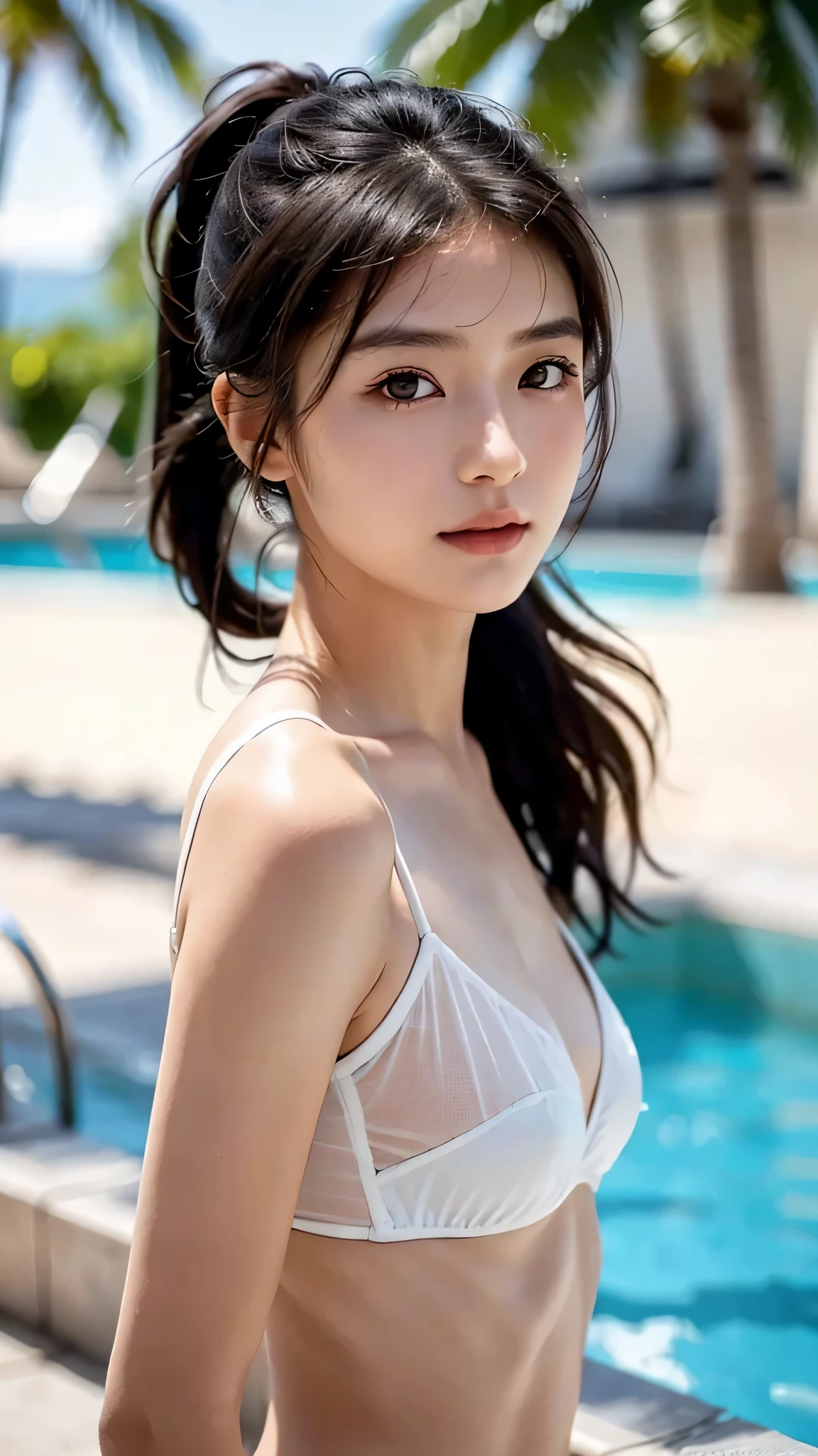 Natural and amazingly beautiful Japanese woman photo. Masterpiece quality hyper-realistic photo. High level of detail image, excellent lighting, amazingly beautiful woman without makeup, 18 year old woman, gentle expression, big eyes, eyelashes, thick lips, small face, fair skin, (she has long straight brown hair), (she is wearing white silk swimsuit), (she has a seductive expression), (she is posing with her hands up in the pool of a resort hotel), (background: resort hotel pool, tropical trees, blue sky, sun), hyper-realistic, nikon d850 film, kodak portra 400 camera f1.6 lens, highly detailed, amazing fine details, rich colors, highly realistic realistic textures, cinestill 800 tungsten, photorealistic, RAW photo, high quality, sharp focus.