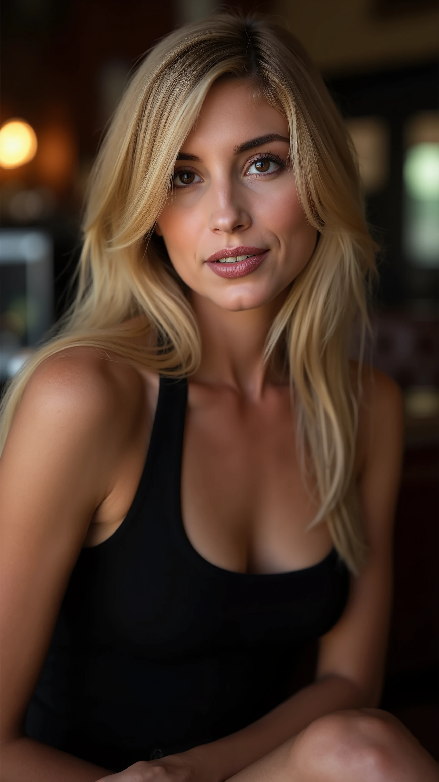 This is a beautiful closeup photograph of a woman, she has long straight blonde hair swept to one side and dark blue eyes. Wearing a form fitting black dress, Sitting in a cafe. Flirting at the viewer. Smile, Captured with a Sony A7R IV camera and a 50mm f/1.2 G Master lens for a beauty editorial shoot, this composition highlights her fashion-forward aesthetic. Inspired by avant-garde fashion photography from Sølve Sundsbø, this image blends contemporary fashion and minimalist elegance, embodying mythp0rt and niji_flux styles for a sleek, high-fashion vision. ((glow_skin, iridescent skin, oily skin, portrait)). ((no logo))