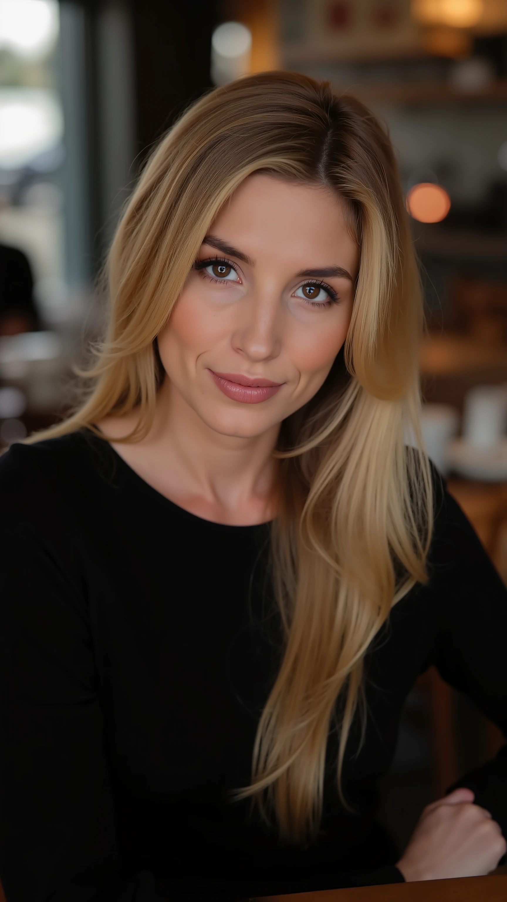 This is a beautiful  closeup photograph of a woman, she has long straight blonde hair swept to one side and dark blue eyes.  Wearing a form fitting  black dress,  Sitting in a cafe. Flirting at the viewer. Smile, Captured with a Sony A7R IV camera and a 50mm f/1.2 G Master lens for a beauty editorial shoot, this composition highlights her fashion-forward aesthetic. Inspired by avant-garde fashion photography from Sølve Sundsbø, this image blends contemporary fashion and minimalist elegance, embodying mythp0rt and niji_flux styles for a sleek, high-fashion vision. ((glow_skin, iridescent skin, oily skin, portrait)). ((no logo))