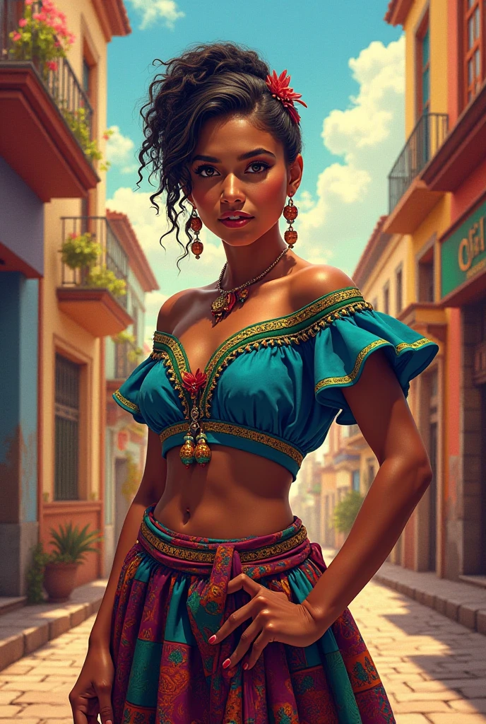Create an image of a 32 year old Indian lary wearing crop top and shirts