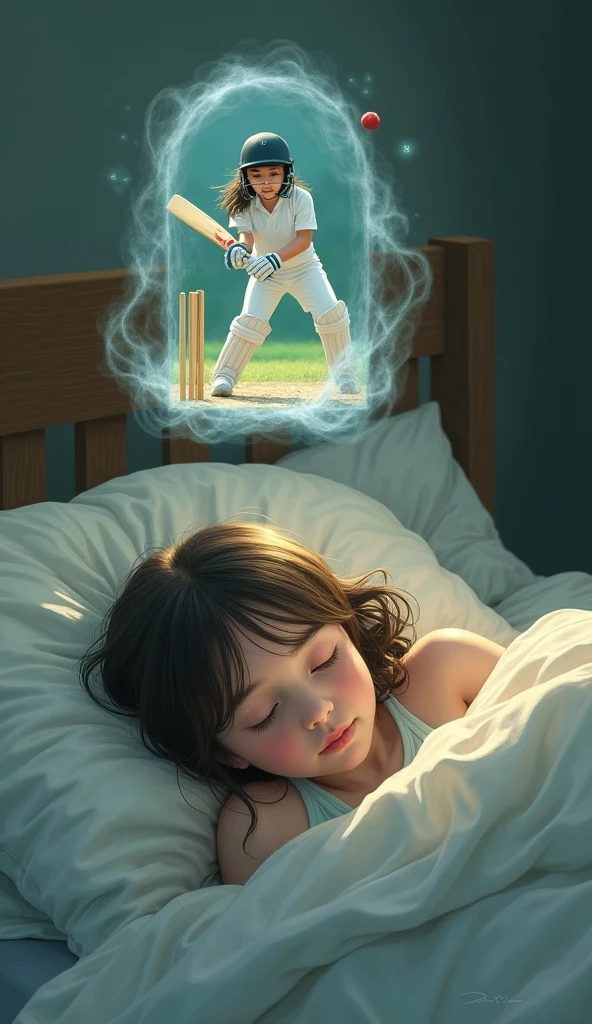 Creat a pic of a boy sleeping in bed with closed eyes seeing himself playing cricket in dream, the image of playing boy should be above the boy sleeping in dreaming frame
