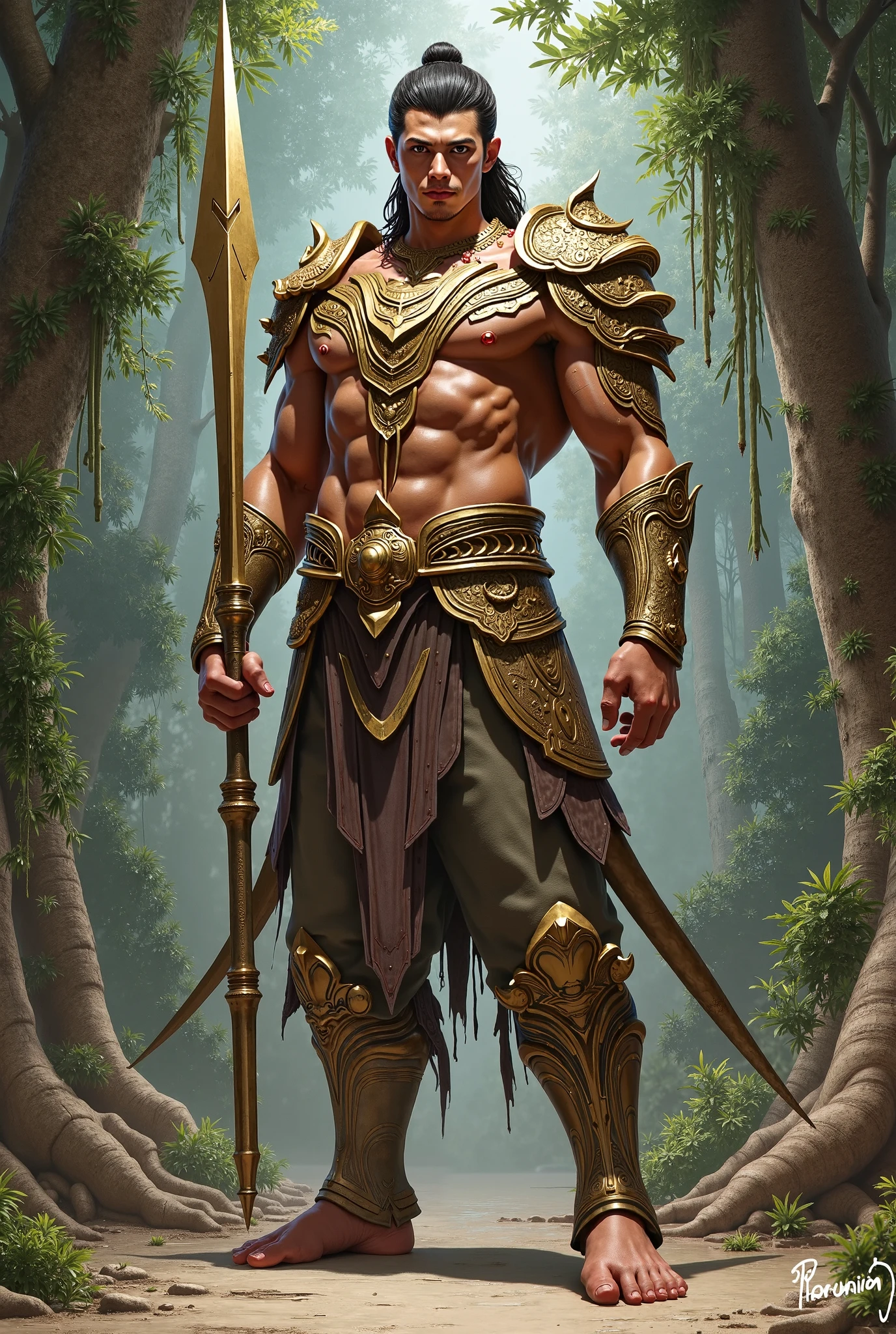 Sculpted warrior, exposed upper torso, legs bared from thighs to feet, flowing long curls, intricate muscular details, photorealistic depiction, 4K resolution. Background: Ancient temple ruins in a lush jungle,32k uhd, best quality, masterpiece, super detail, high details