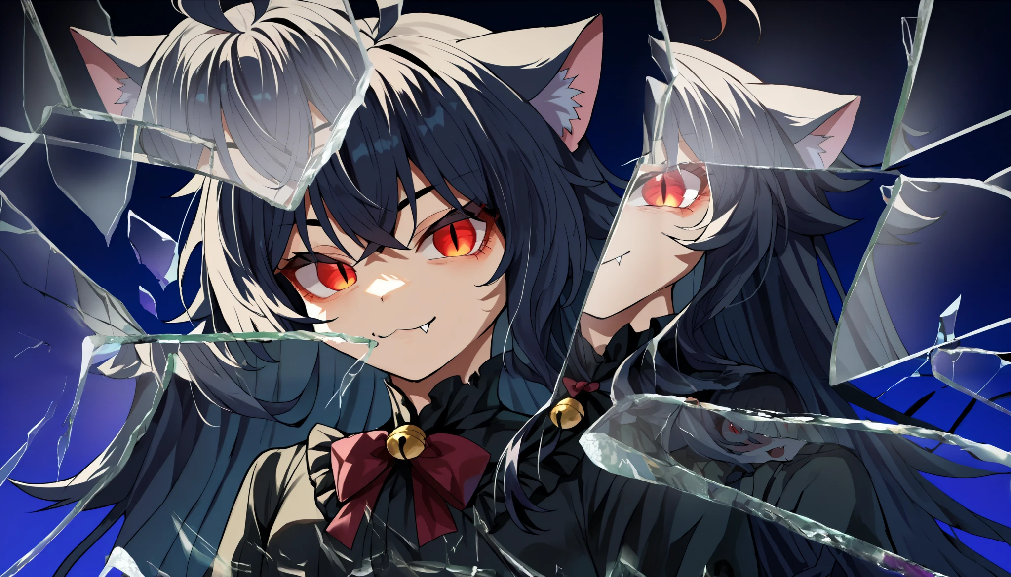 score_9, score_8_up, score_7_up, score_6_up, score_5_up, score_4_up, BREAK, source_cartoon, source_anime,
1girl, , junkotvvxl, ((cat girl, cat ears)), (long hair), ((One multicolorido black hair, (Ahoge), straight bangs,)),, grey hair, long hair, red eyes, bow, black dress, frilled dress, long sleeves, fang, (glowing eyes:0.5)
upper body, smile, looking at viewer, solo, incrsxlbrkngls, broken glass, reflection