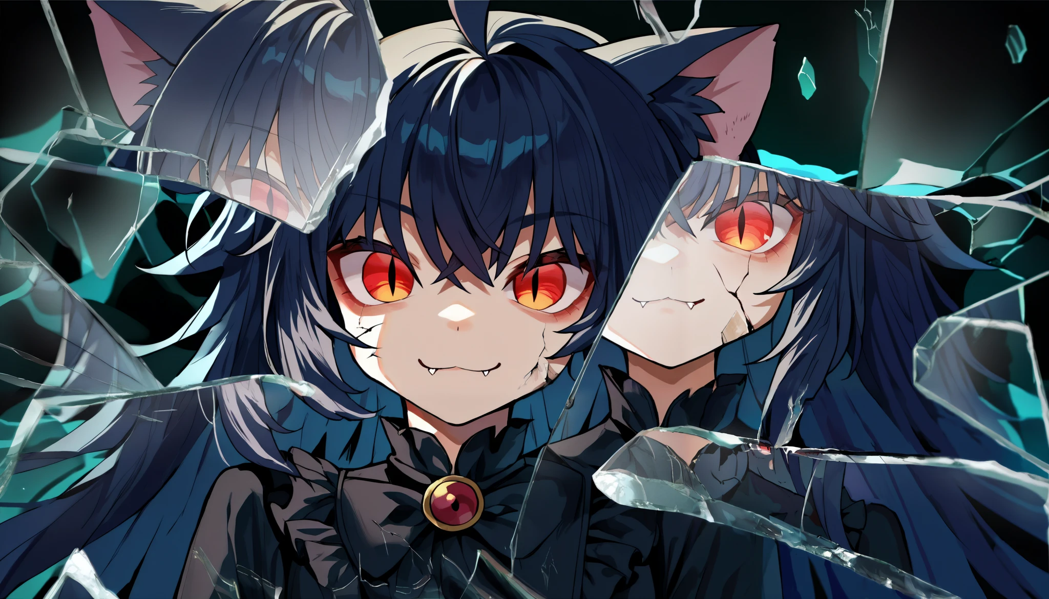 score_9, score_8_up, score_7_up, score_6_up, score_5_up, score_4_up, BREAK, source_cartoon, source_anime,
1girl, , junkotvvxl, ((cat girl, cat ears)), (long hair), ((One multicolorido black hair, (Ahoge), straight bangs,)),, grey hair, long hair, red eyes, bow, black dress, frilled dress, long sleeves, fang, (glowing eyes:0.5)
upper body, smile, looking at viewer, solo, incrsxlbrkngls, broken glass, reflection