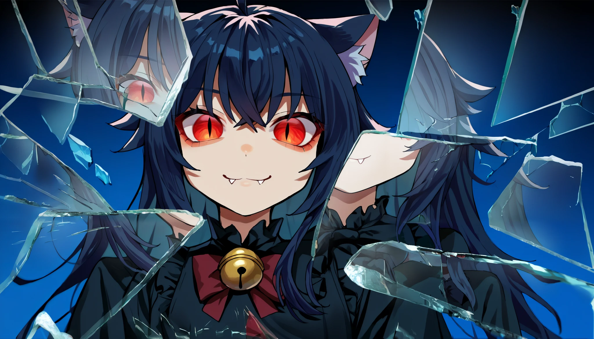 score_9, score_8_up, score_7_up, score_6_up, score_5_up, score_4_up, BREAK, source_cartoon, source_anime,
1girl, , junkotvvxl, ((cat girl, cat ears)), (long hair), ((One multicolorido black hair, (Ahoge), straight bangs,)),, grey hair, long hair, red eyes, bow, black dress, frilled dress, long sleeves, fang, (glowing eyes:0.5)
upper body, smile, looking at viewer, solo, incrsxlbrkngls, broken glass, reflection