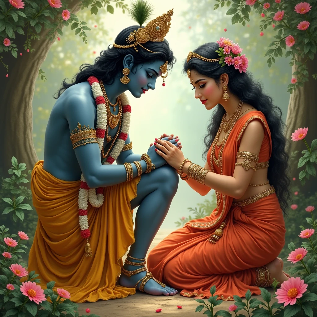 Krishna holding the hand of a female devotee wallpaper for phone 
