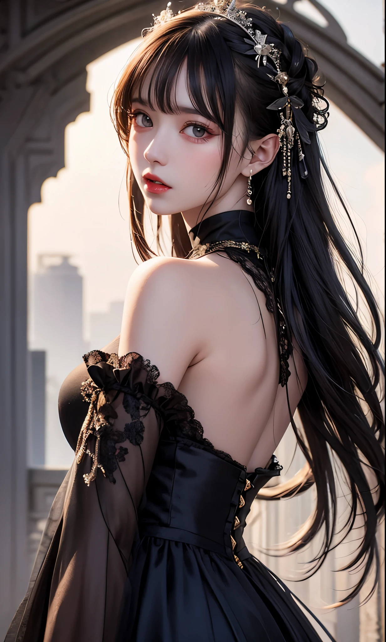 A close up of a woman in a black dress with a tiable - SeaArt AI