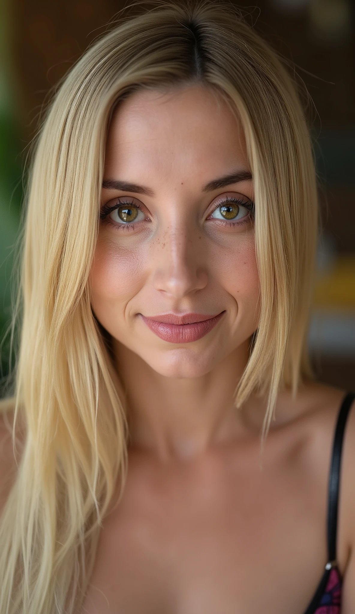 This is a beautiful  closeup photograph of a woman at an ayahuasca retreat, she has long straight blonde hair and dark blue eyes. Flirting at the viewer. Smile