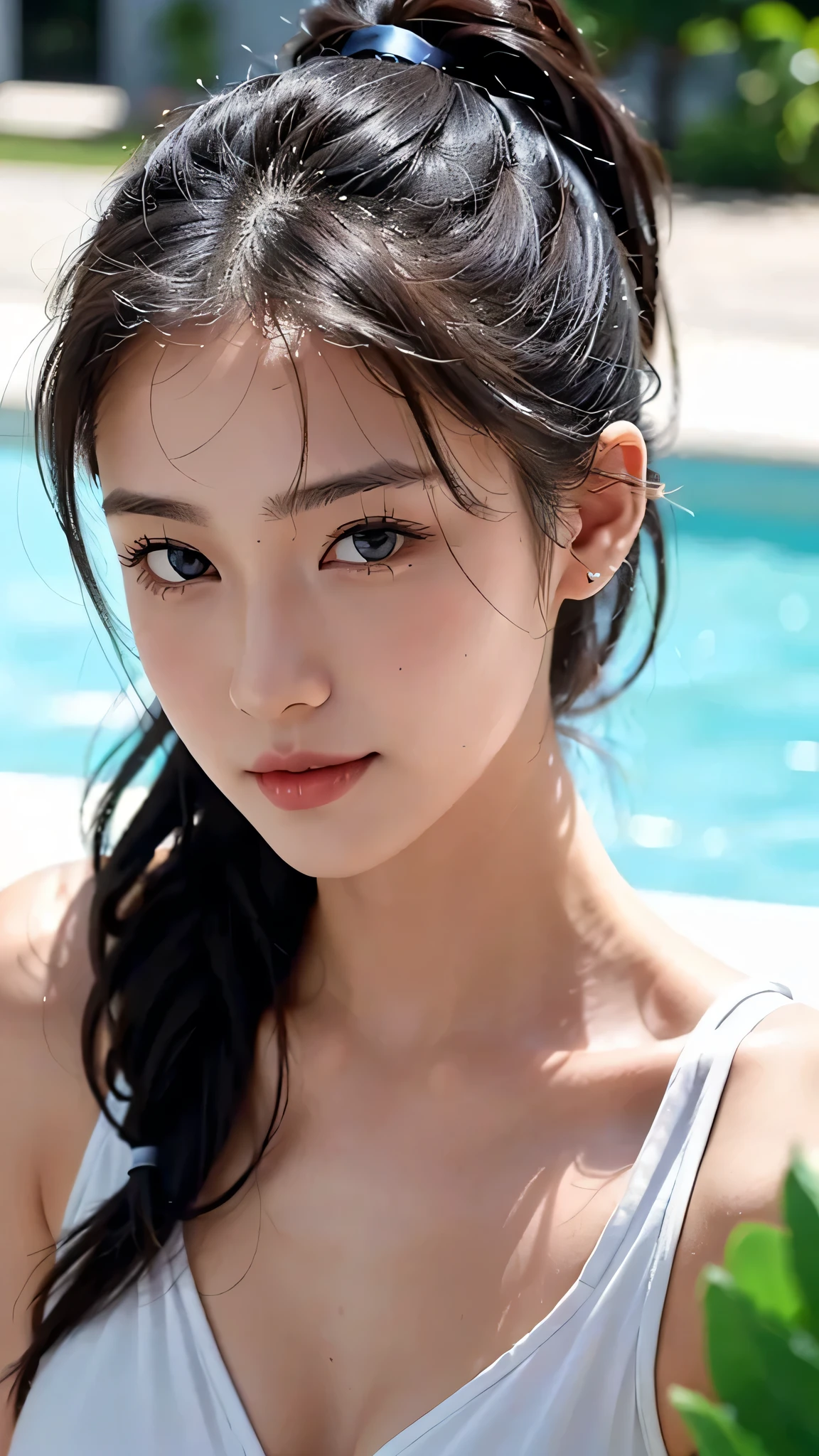 (( Woman)),Medium close-up, cleavage, Joe Yuri, Yuri, ((Best Quality, 8K, masutepiece :1.3)), 1girl in, Emphasize slender abs,Pretty Woman :1.3, (dark brown hair, Ponytail, Huge breasts :1.2), Wet body:1.2, Pool, Ultra-detailed face, Detailed eyes, 二重まぶた、Show thighs、((Photograph the whole body:1.4))