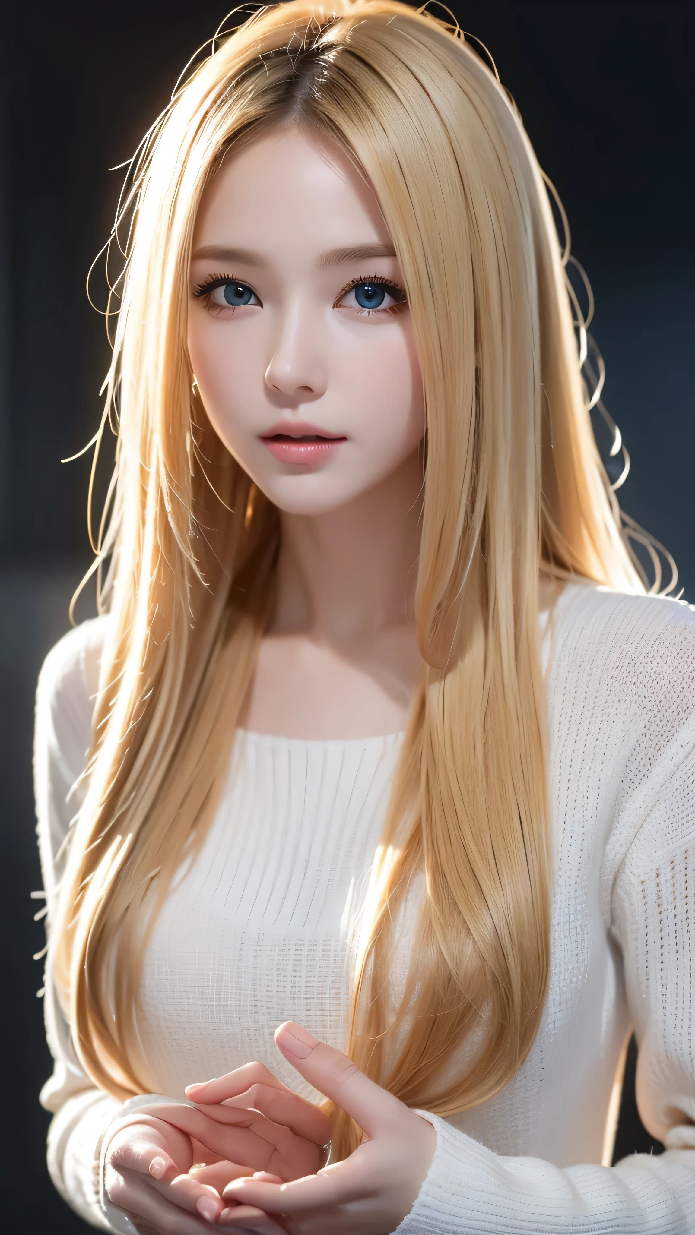 best quality , Masterpiece, super high definition , ( photorealistic:1.4), RAW photo, 1 girl, long hair, Blonde, meticulous eyes and face, Sea sweater , dynamic lighting , in the dark , deep shadow, discreet , box