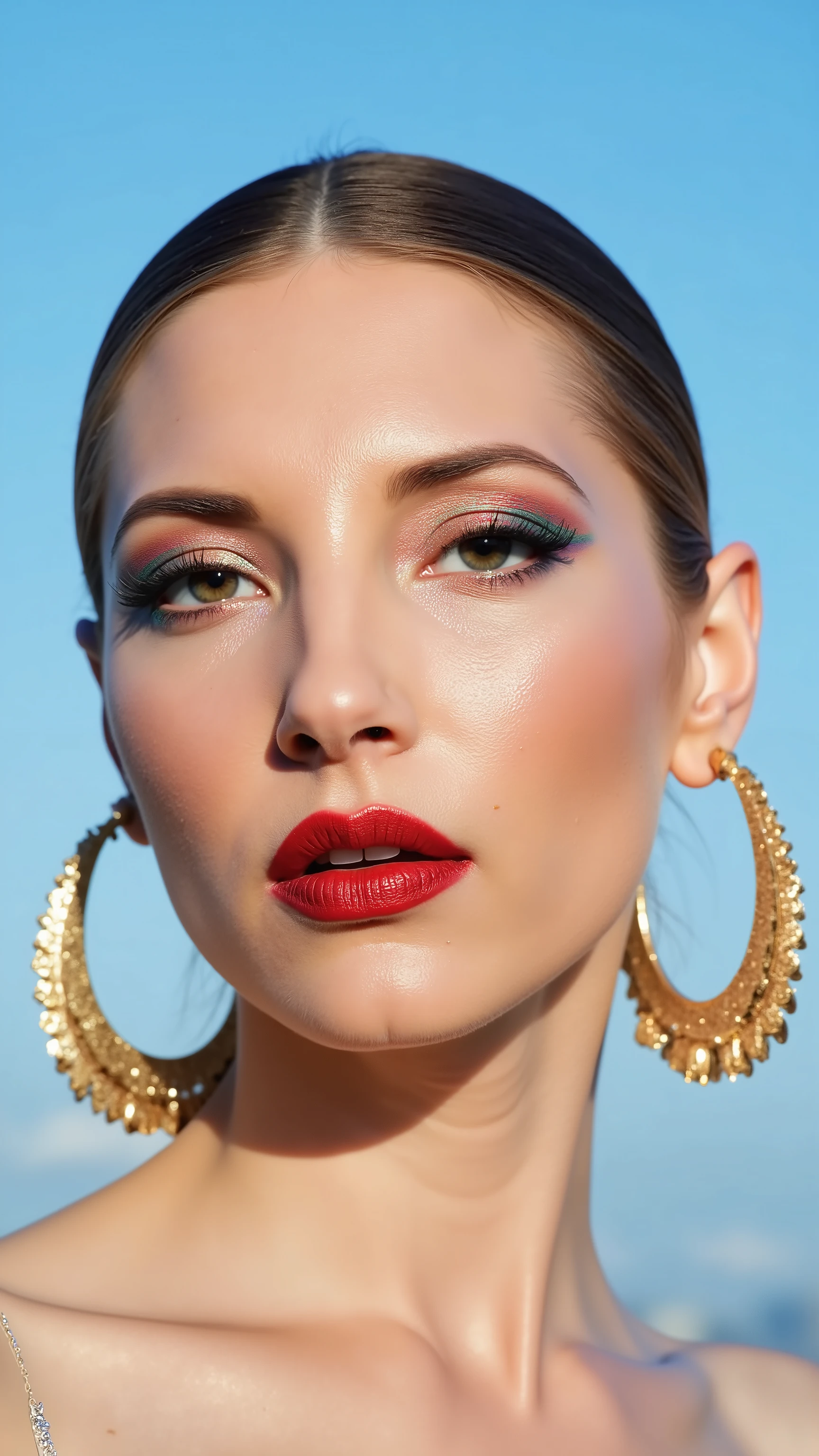 A hyper-detailed, avant-garde facing forward shot photograph featuring a striking woman with pale light skin against a clear, light blue sky. Her nude high-angle mid shot highlights the smooth texture of her flawless complexion. Shimmering metallic eyeshadow enhances the depth of her piercing gaze, while her glossy, deep red lips create a bold contrast to her skin. Large, intricately detailed golden hoop earrings reflect light, contributing to her modern allure. She is fully naked The reflective surfaces of her earrings and outfit create a dynamic interplay with the environment, emphasizing her sleek presence. The minimalist background allows the viewer to focus on her eye-catching fashion and makeup. Captured with a Sony A7R IV camera and a 50mm f/1.2 G Master lens for a beauty editorial shoot, this composition highlights her fashion-forward aesthetic. Inspired by avant-garde fashion photography from Sølve Sundsbø, this image blends contemporary fashion and minimalist elegance, embodying mythp0rt and niji_flux styles for a sleek, high-fashion vision. ((glow_skin, iridescent skin, oily skin, portrait)). ((no logo))