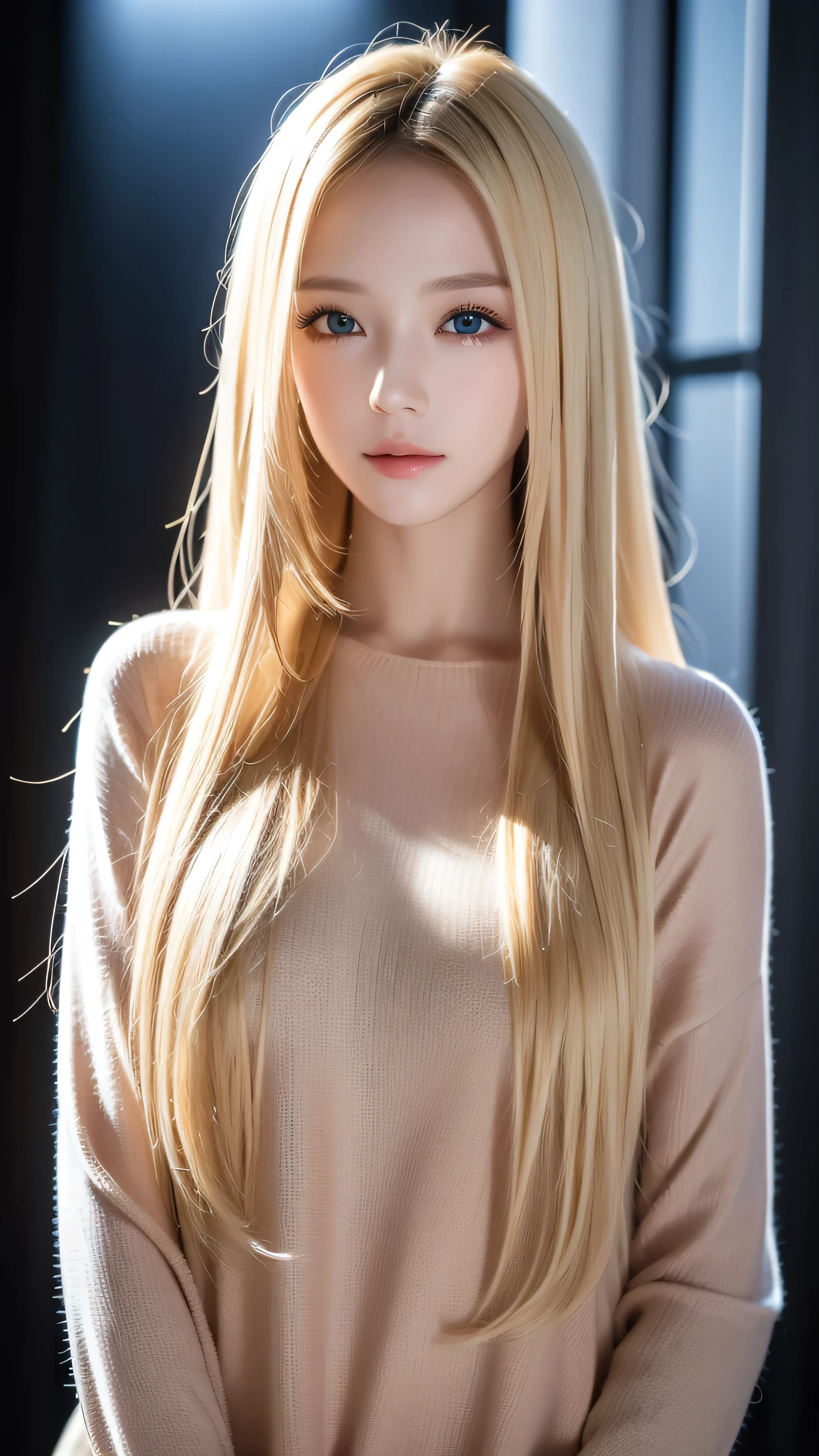 best quality , Masterpiece, super high definition , ( photorealistic:1.4), RAW photo, 1 girl, long hair, Blonde, meticulous eyes and face, Sea sweater , dynamic lighting , in the dark , deep shadow, discreet , box