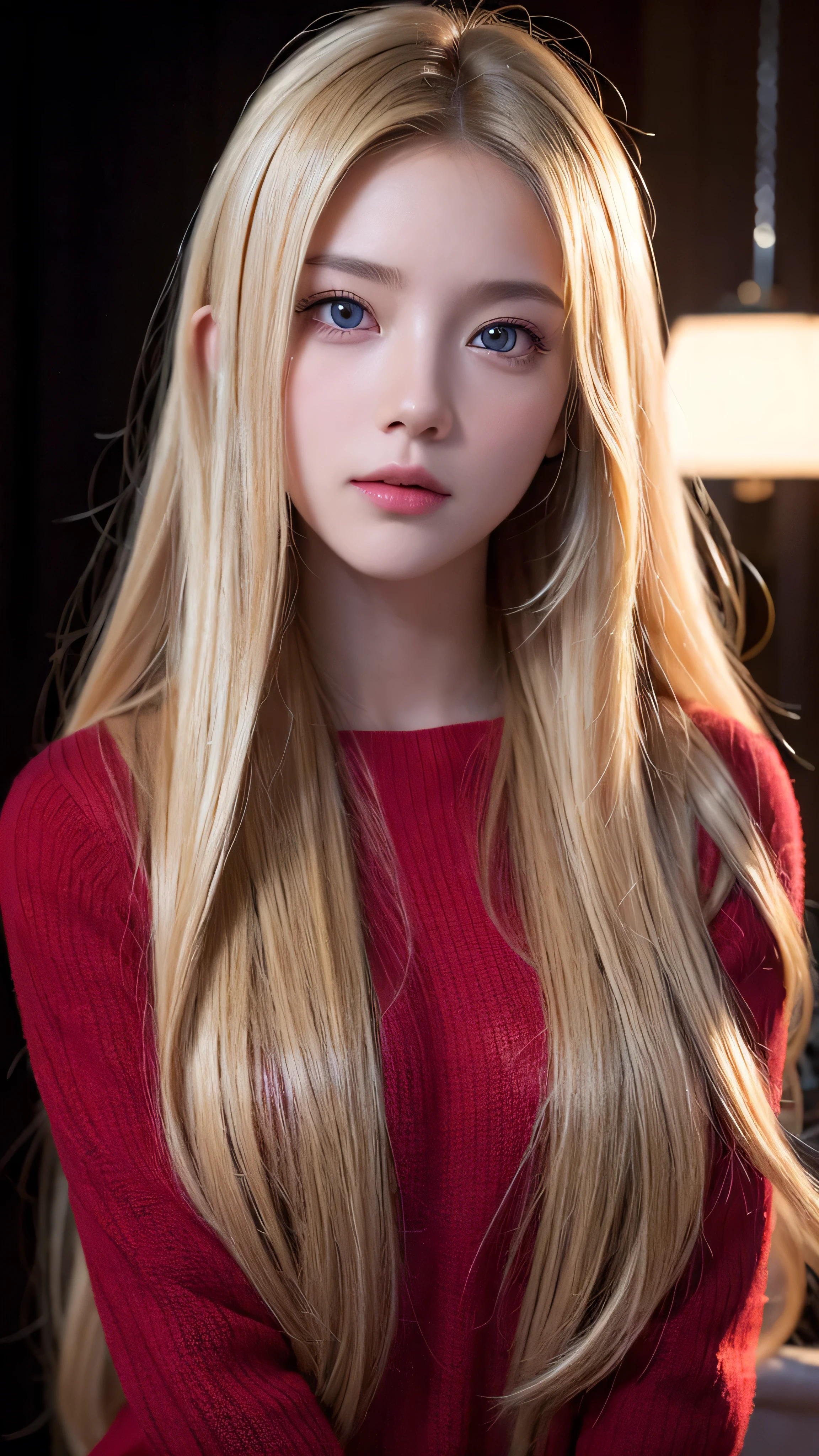 best quality , Masterpiece, super high definition , ( photorealistic:1.4), RAW photo, 1 girl, long hair, Blonde, meticulous eyes and face, ( red sweater) dynamic lighting , in the dark , deep shadow, discreet , box
