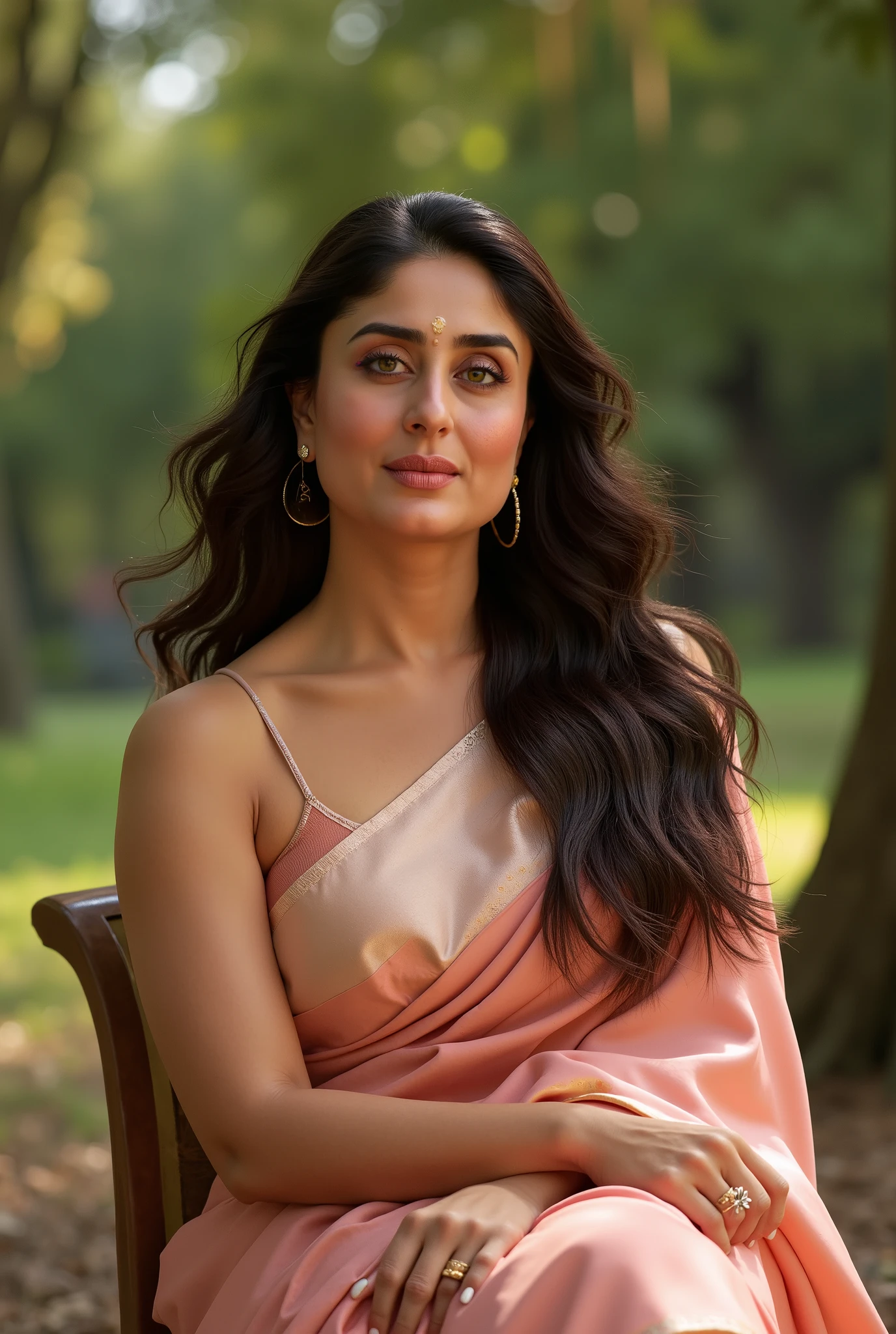 (((Kareena kapoor))), Portrait of A confident-looking 45 year old Indian mature milf with long flowing hair, hazel eyes, with flowing capes, DD-cup breast, sitting in the park, wearing silk saree, milk drops in breast with focus on breast, full size photo perfect composition, hyperrealistic, super detailed, 8k, high quality, trending art, trending on artstation, sharp focus, studio photo, intricate details, highly detailed, art by greg rutkowski