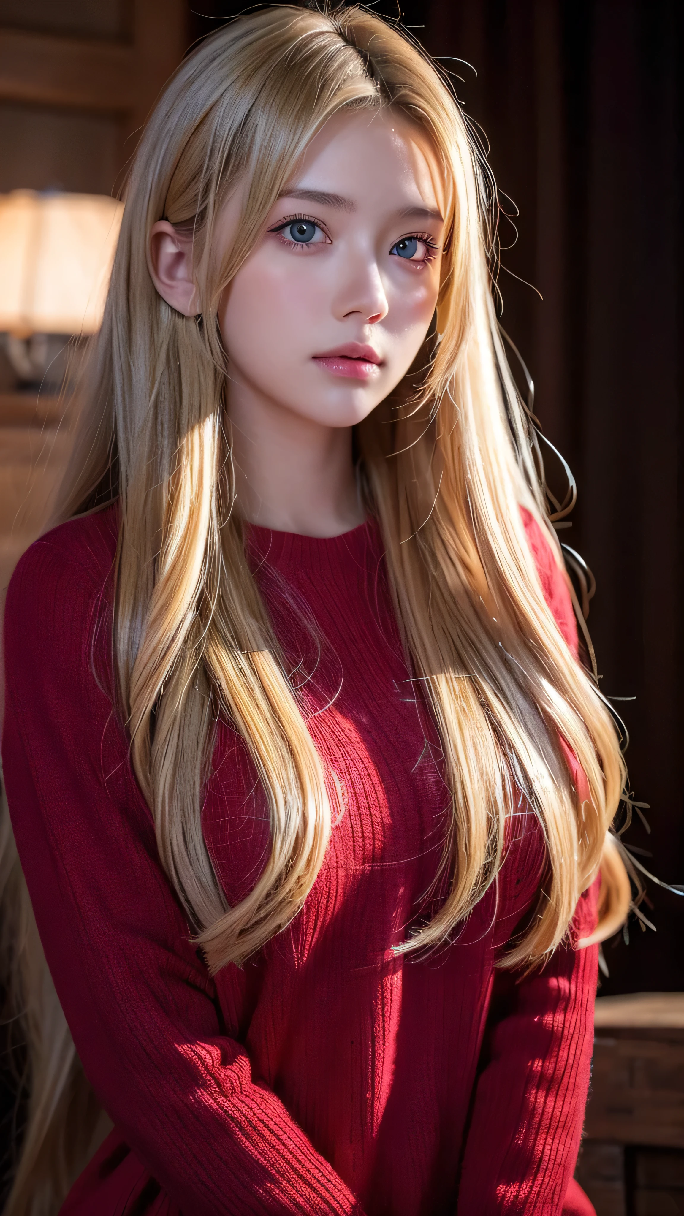 best quality , Masterpiece, super high definition , ( photorealistic:1.4), RAW photo, 1 girl, long hair, Blonde, meticulous eyes and face, ( red sweater) dynamic lighting , in the dark , deep shadow, discreet , box