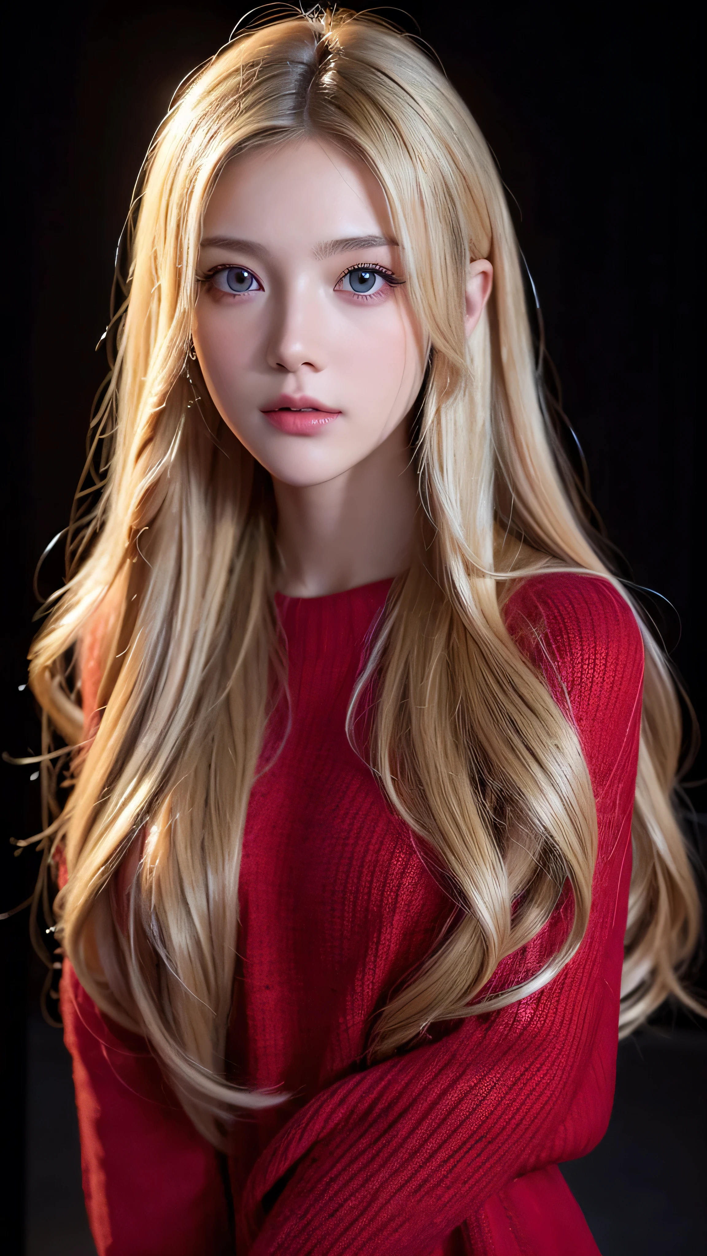  best quality , Masterpiece,   super high definition , ( photorealistic:1.4),  RAW photo,  1 girl,  long hair, Blonde,   meticulous eyes and face, （ red sweater）   dynamic lighting  ,  in the dark ,  deep shadow,  discreet ,  box