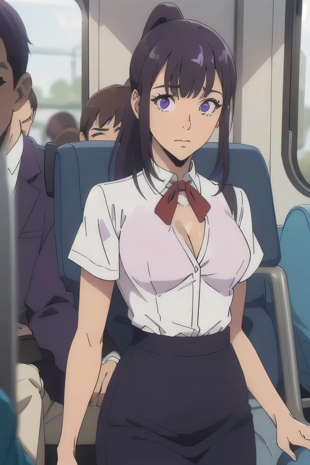1 girl in, 18, photo of Sung Jinha, Solo Levelling Waifu, photo of perfect woman, Solo, Aesthetic artwork, (long hair, straight purple hair, long ponytail, dark purple hair, bangs: 1.25), (violet eyes, clear skin, fare skin, small breasts, B-cup, runners body, very thin waist, skinny, petite, detailed skin texture, (Masterpiece), (cleavage, focus on breasts:1.2), (wearing a short sleeve button down white blouse, unbuttoned, jk ribbon, short pleated skirt pink, school girl uniform: 1.25), (Inside a crowded train with sunlight streaming in, leaning on a man, A man hugs the girl from behind on a train, the man is holding her), (extremely detailed 8k wallpaper), soft lighting, high quality, film grain, 50mm, High Detail, Sharp focus, (natural light), (cowboy photo:1.2), light particles