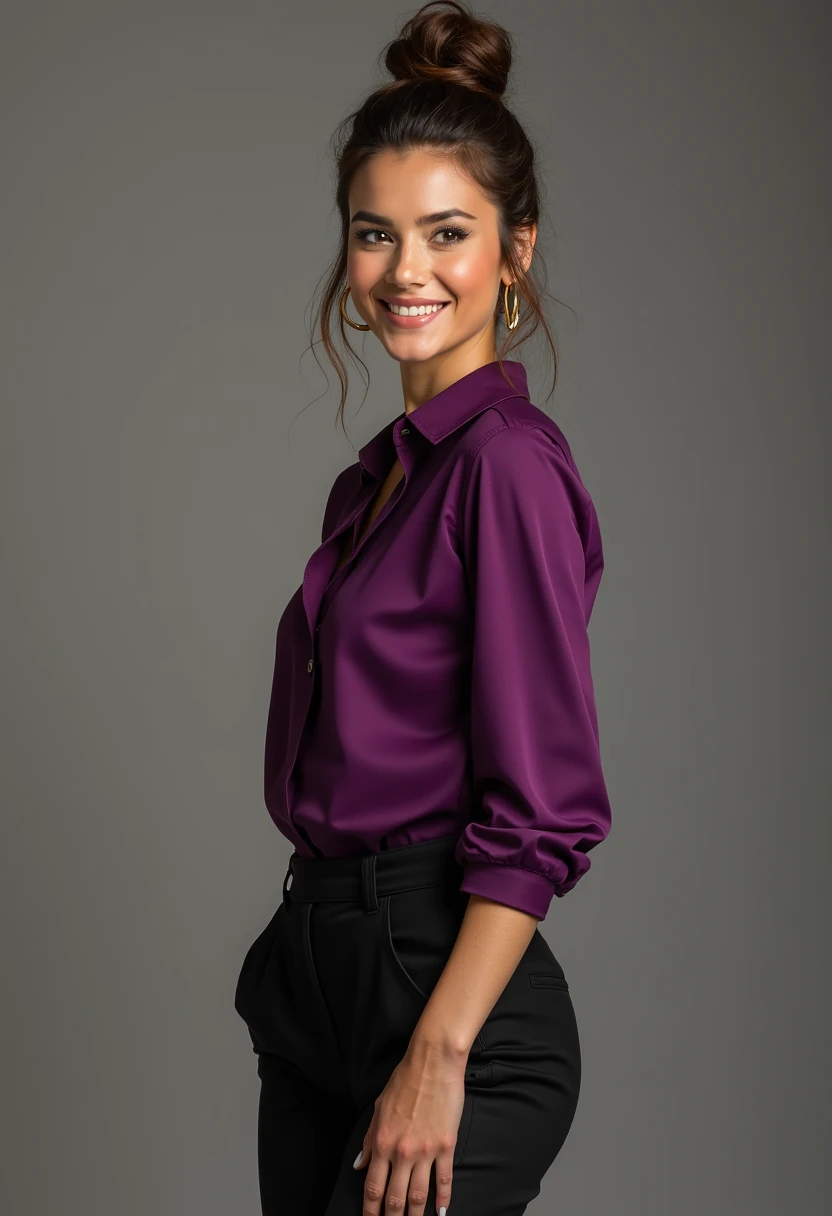 A woman with a purple blouse, and a pair of dark blue pants